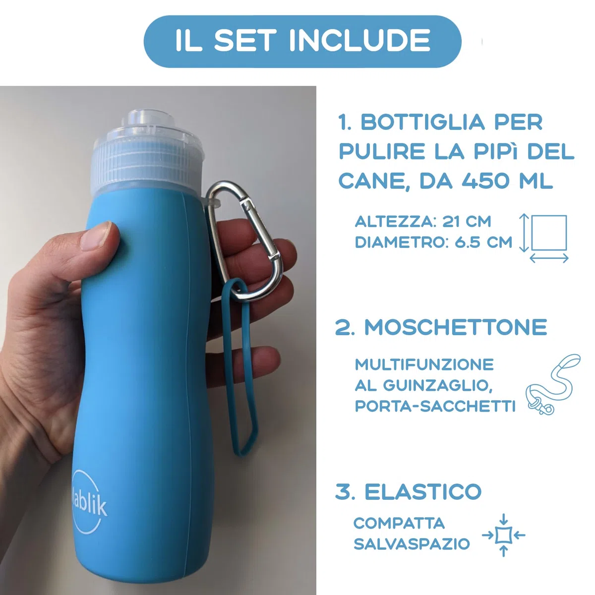 Bottiglia per Pipì Cane in Silicone 450 ml, Azzurro. Bottiglia per Pulire la Pipì del Cane in Strada, Pieghevole, Portatile, Antigoccia, con Getto a Pressione, Moschettone ed Elastico (Azzurro 450 ml)
