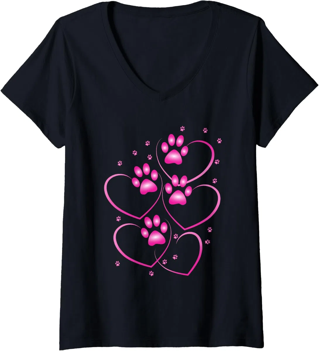 Donna Cuori rosa con simpatiche zampe di cane o gatto Maglietta con Collo a V