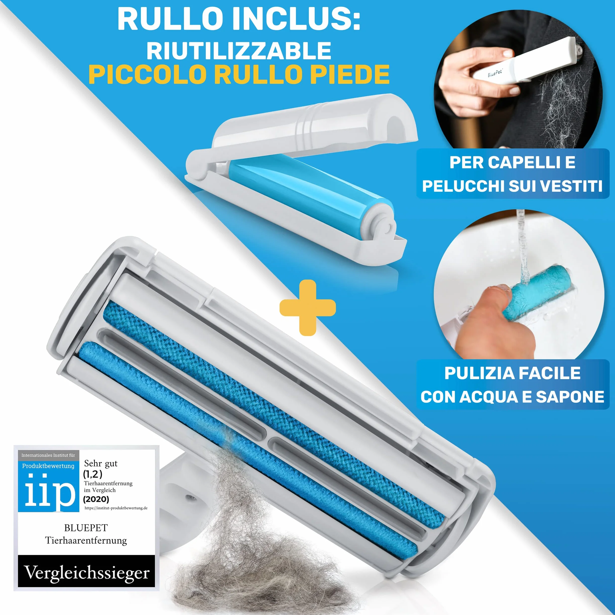 BluePet Rulli per rimozione peli - Togli Peli Animali - Spazzola Ecologica per Peli di Cani, Gatti e Pelucchi - Per Divani, Tappeti, Cucce per Cani (Bianco + rotolo adesivo)