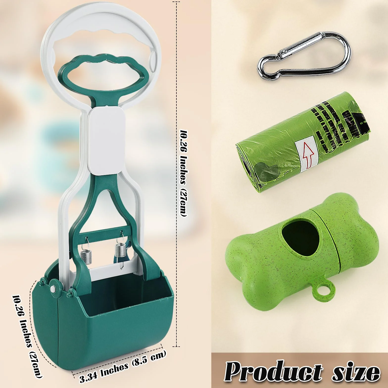 Andiker Cane Pooper Scooper con Manico Corto, 10.26 Alta Doppia Molla Pet Pooper Scooper con 1 Rotolo di Cane Poop Bag e un Dispenser facile da usare Cane Poop Scooper (Verde)