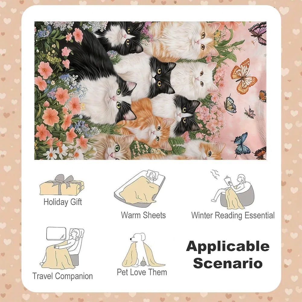 Coperta Per Gatti 150x100 Cm - Morbida Flanella Con Design Fiori e Farfalle Stile Pittura a Olio - Coperta Per Divano, Letto - Regalo Per Amanti Dei Gatti