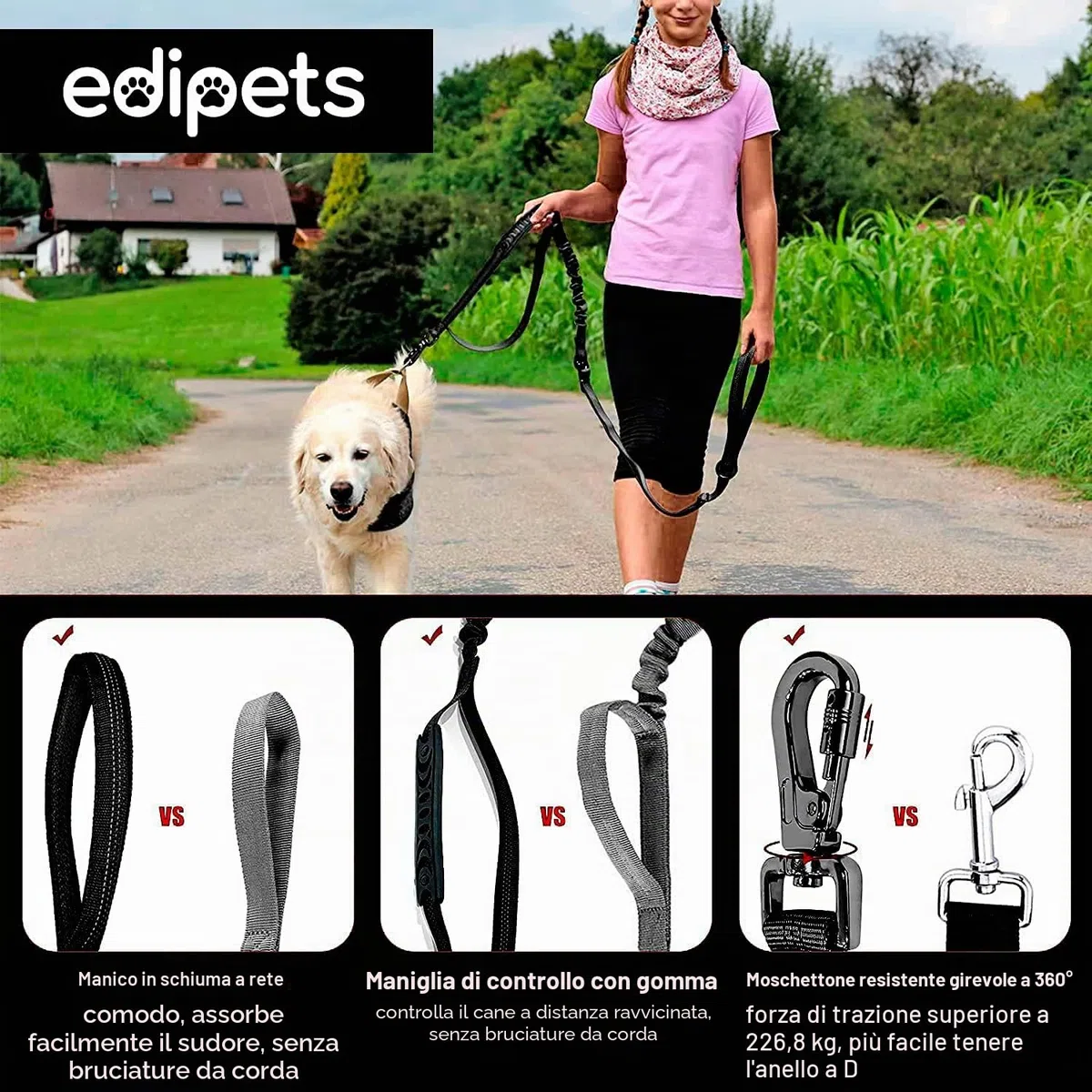 Edipets, Cintura Sicurezza Cani Auto, Guinzaglio Anti Tiro per Cane, 1M / 1.4M, Riflettente, Maniglia Imbottita, per Cani di Taglia piccola/media/grande (Nero)