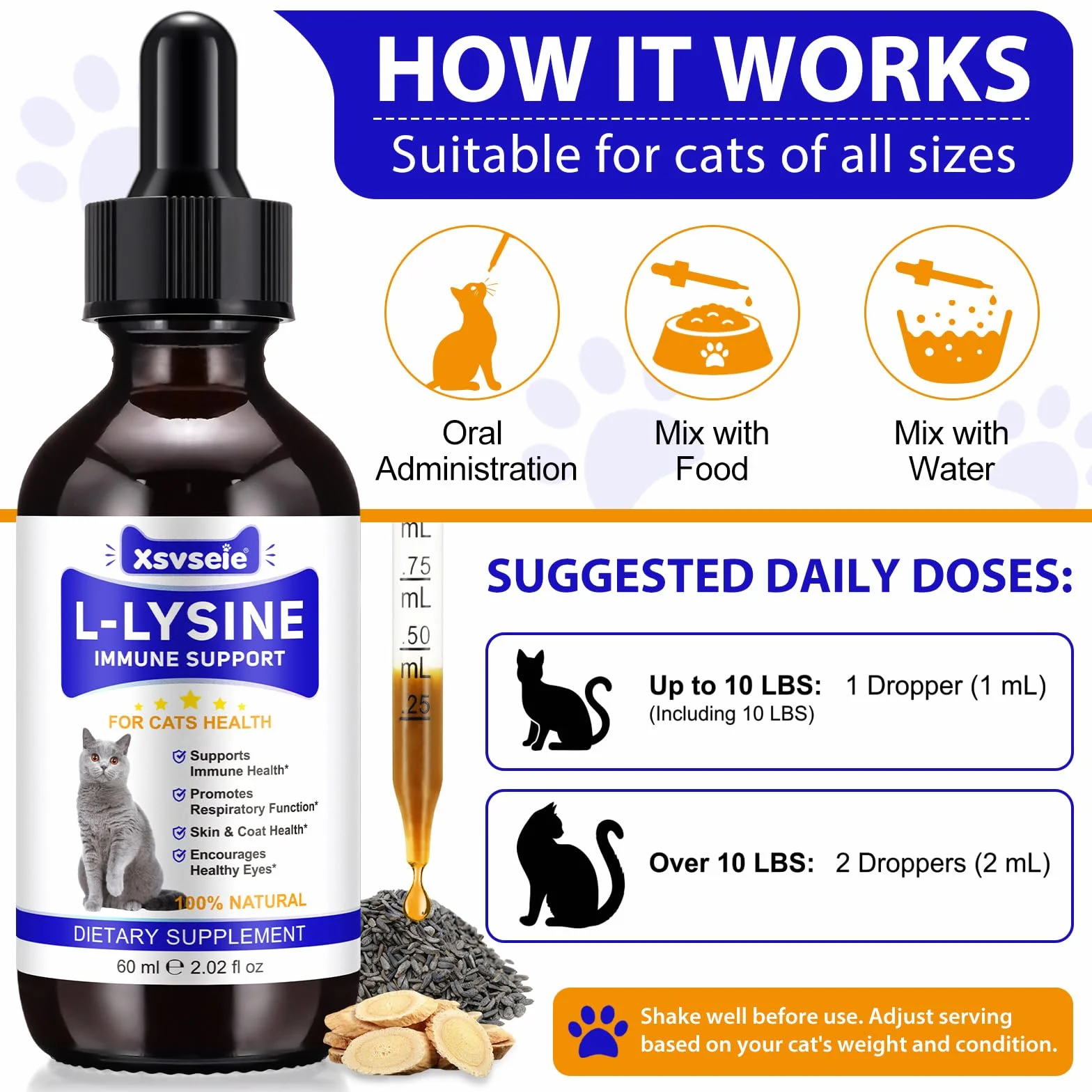 Gocce di L-Lisina per Gatti e Gattini | Rafforza il sistema immunitario & supporta la funzione respiratoria | Allevia Allergie, Coryza e Starnuti | 60ml - Gusto Pollo
