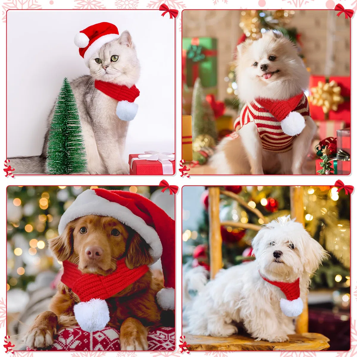 Naler Sciarpa Natalizia per Animali Domestici Sciarpa Rossa a Maglia per Animali Domestici con Pom Pom Bianco, Regalo Natale per Cani e Gatti Feste E Cosplay 60 * 8.5 cm, L