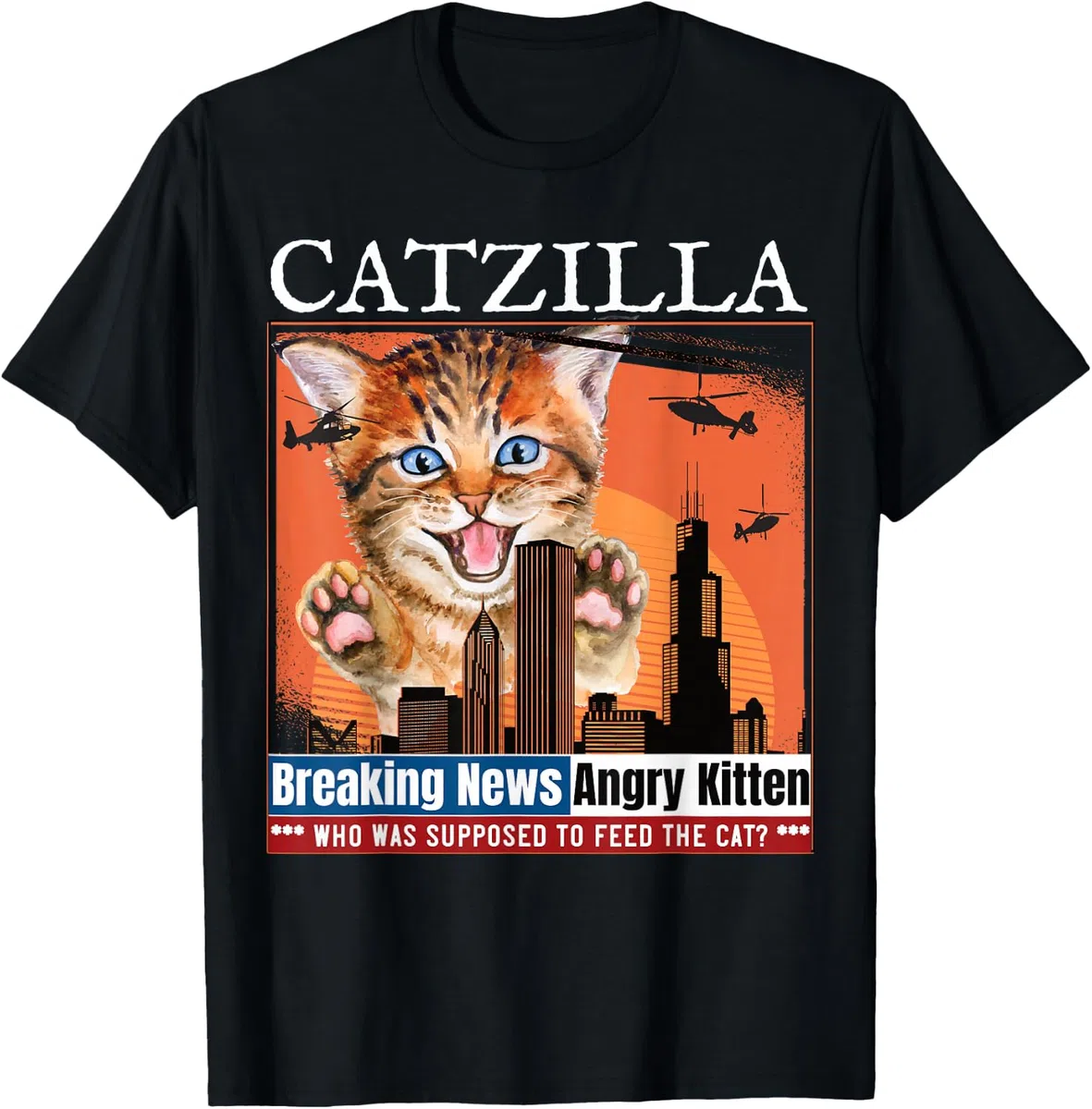 Vintage Catzilla Ultime notizie, divertente gattino affamato Maglietta