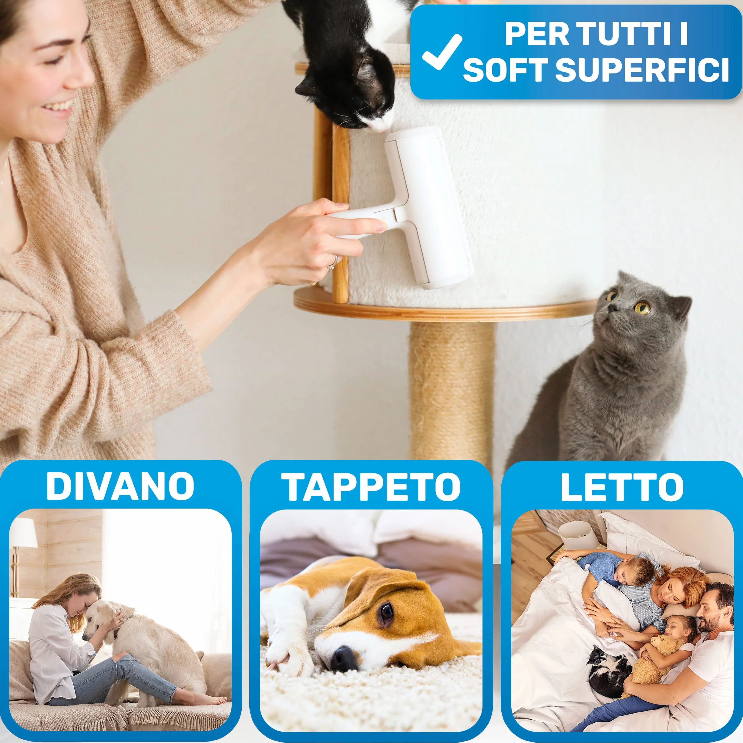 BluePet Rulli per rimozione peli - Togli Peli Animali - Spazzola Ecologica per Peli di Cani, Gatti e Pelucchi - Per Divani, Tappeti, Cucce per Cani (Bianco + rotolo adesivo)