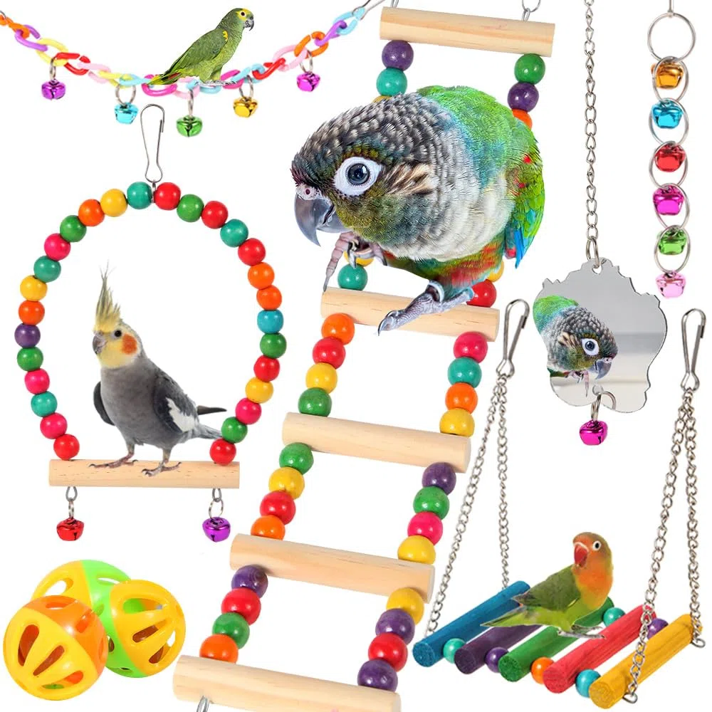 YIXUND Giocattoli per uccelli per parrocchetti, 9 pezzi, scaletta in legno per uccelli, ponte, pappagalli, giocattoli per pappagalli, accessori per gabbie per uccelli, altalena per conuro, cacatugia