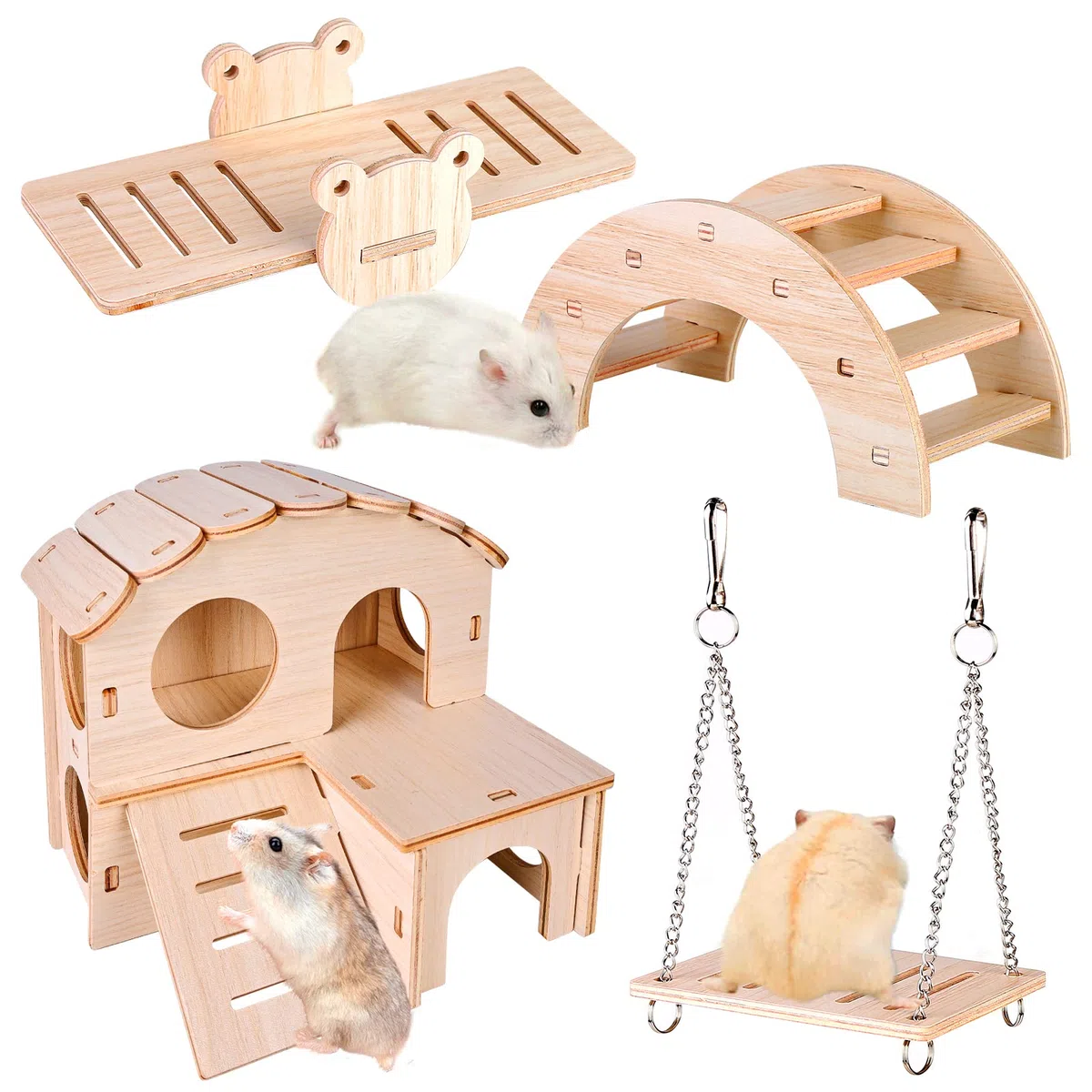 Giocattoli Per Criceti in Legno, 4 Pezzi Giocattoli Da Masticare Per Criceti, Accessori Criceto in Legno Per Criceti, Coniglietti, Gerbilli, Porcellini D'india, Cincillà, Gabbia Per Criceti Fai-da-te