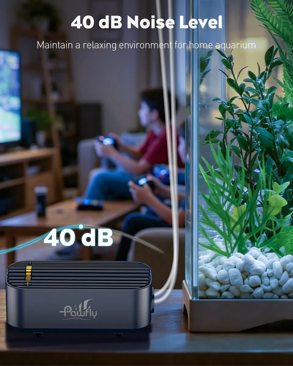 Pawfly Pompa ad Aria per Acquario, 416 L/H per Acquari fino a 606 L, Ultra Silenziosa e Regolabile con Tubo, Pietra Porosa e Valvola di Non Ritorno