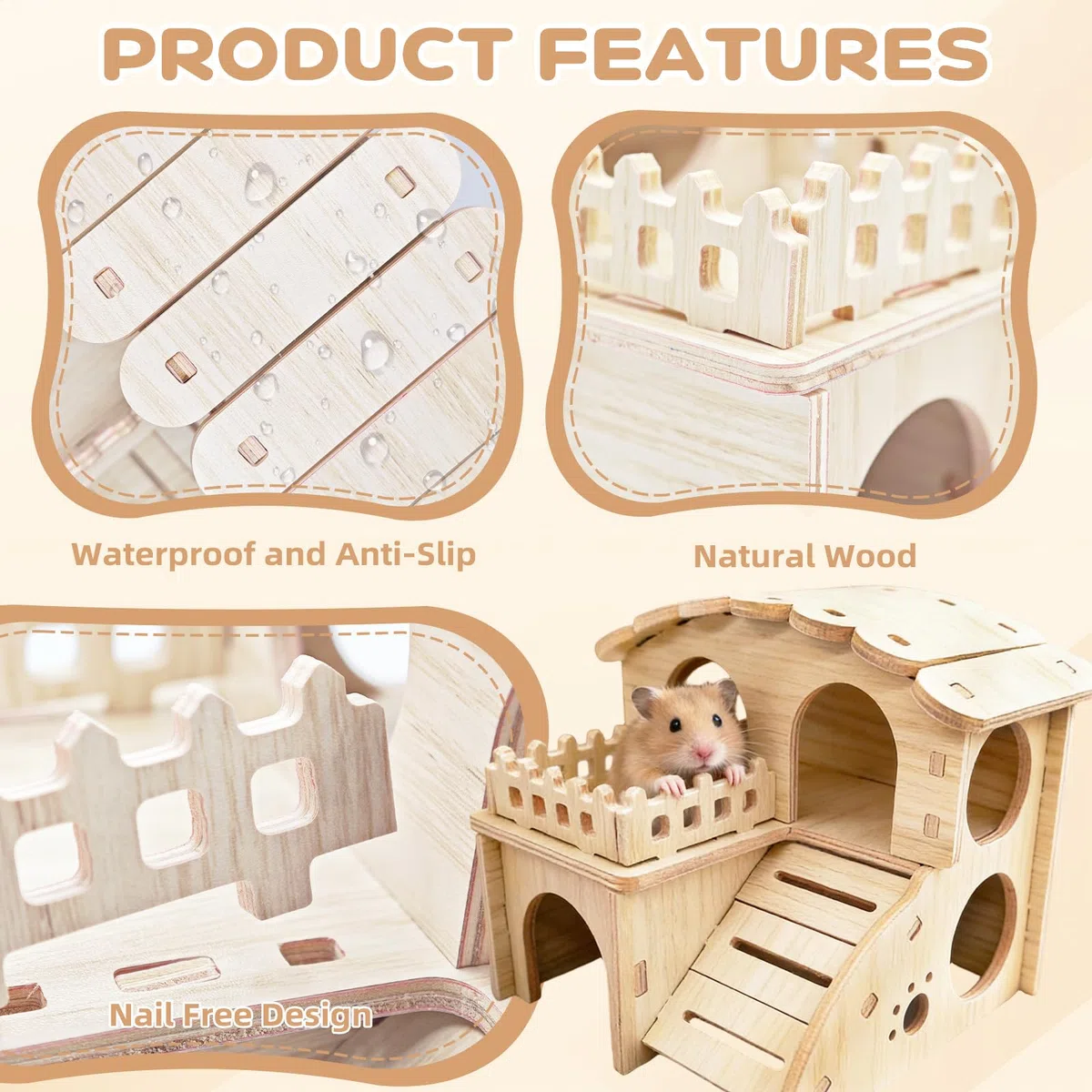 Casetta per Criceti,casetta criceto legno,Casetta in Legno per Criceti a 2 Piani, Rifugio Smontabile per Piccoli Animali Criceti Nano, Gerbil, Porcellini d'India (14 x 13 x 12,5 cm)