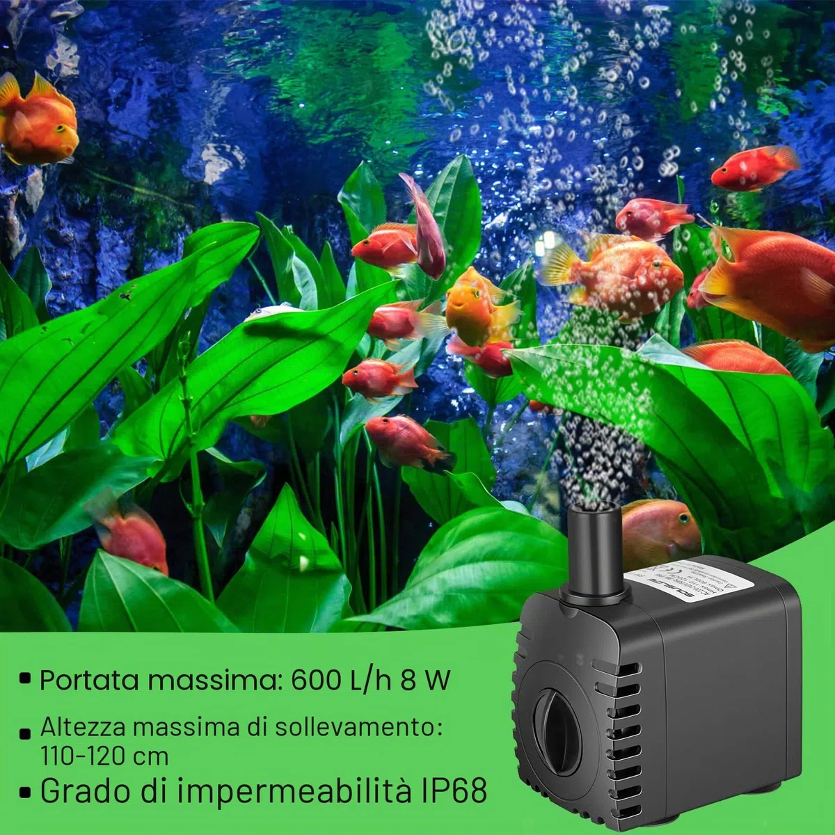 8 W Pompa dell'acqua sommergibile 600 L/H AC220-240 V con 2 ugelli per acquario acquario laghetto fontane giardino sistema