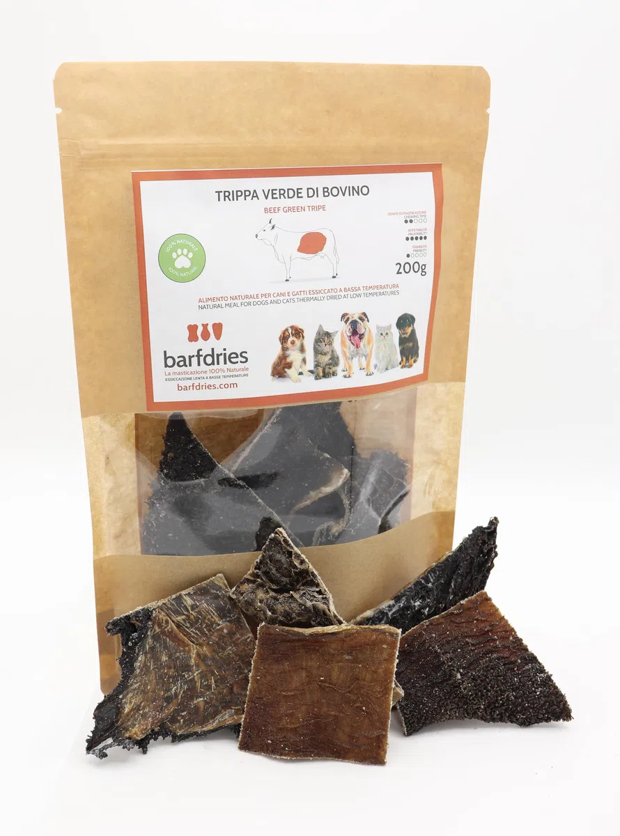 Trippa Verde di Bovino, alimento naturale per Cani e Gatti essicato a bassa temperatura. Confezione da 200 gr