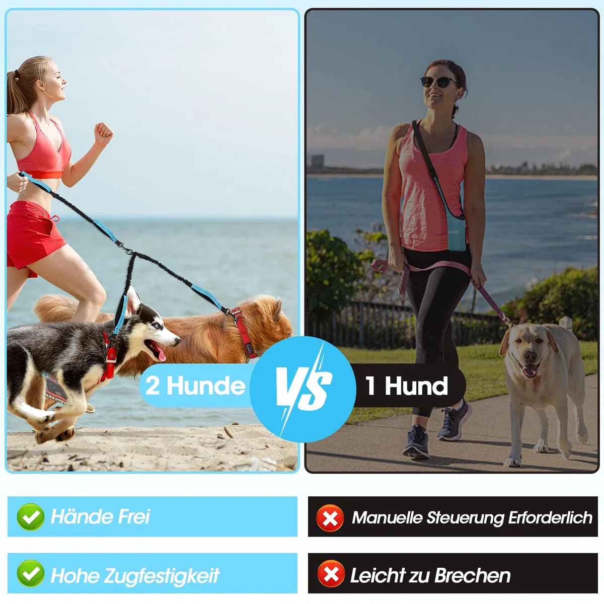 Guinzaglio per 2 cani, vivavoce, da jogging, per cani con cintura addominale, cintura elastica addominale, guinzaglio per cani, con doppio manico, per animali domestici di grandi e medie dimensioni