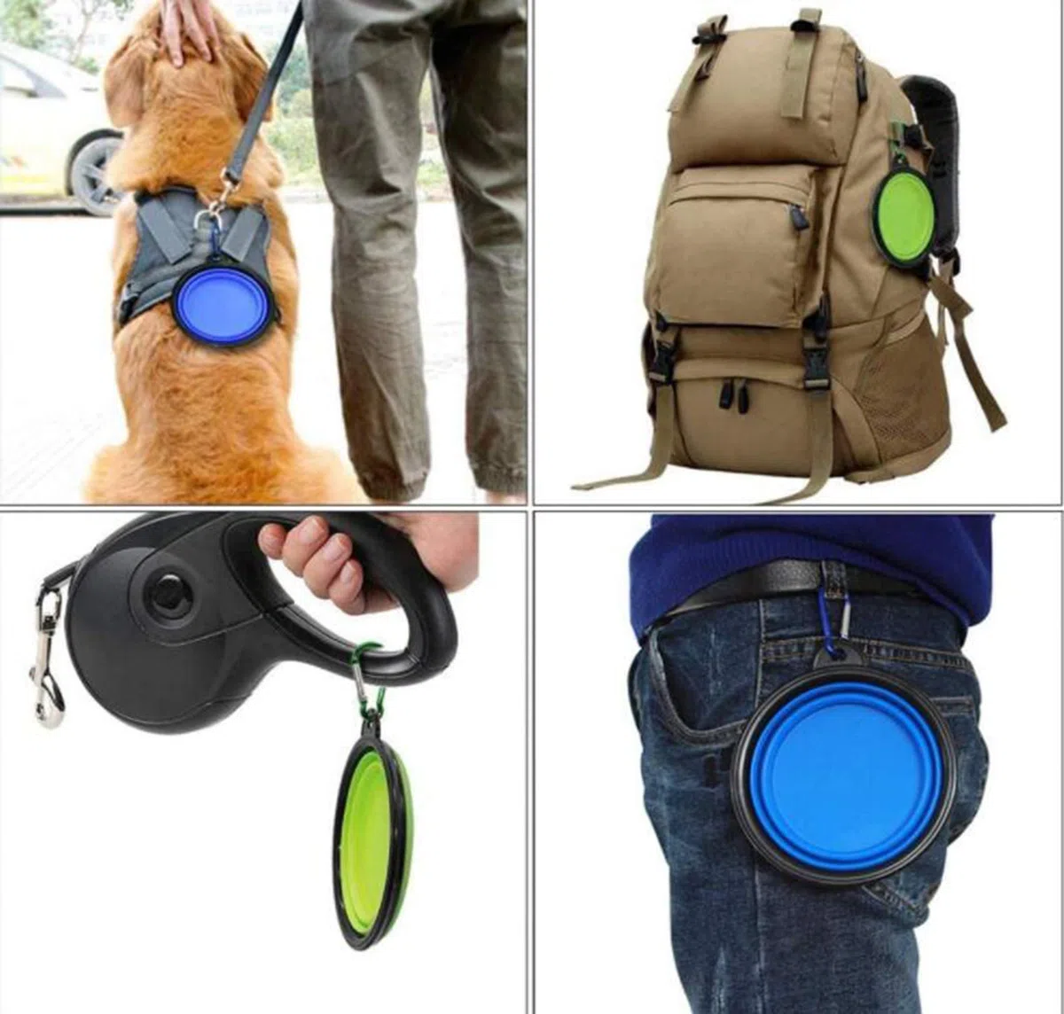 2 Pcs Pieghevole Viaggio Ciotole per Cani Gatti Animali Domestici, Mangiatoia Abbeveratoio Portatile in Silicone Alimentare con Gancio Porta Acqua, Portatile Verde e Blu Pieghevole in Silicone