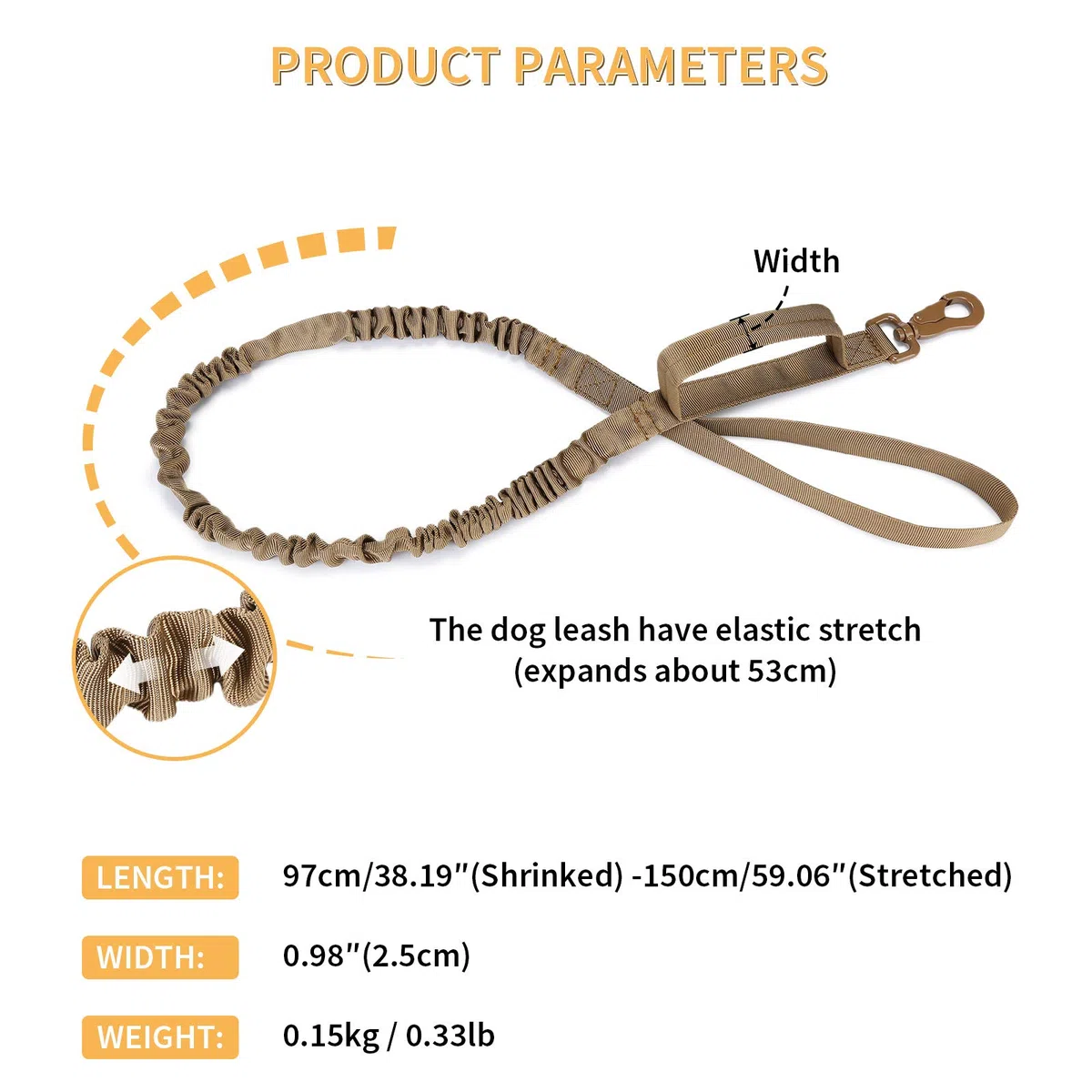 HUNTVP Guinzaglio per Cani Tattico Regolabile con 2 Maniglie di Comando, Lunghezza 97-150 cm, Guinzaglio in Nylon Militare per Corsa, Addestramento, Camminata Notturna, Marrone