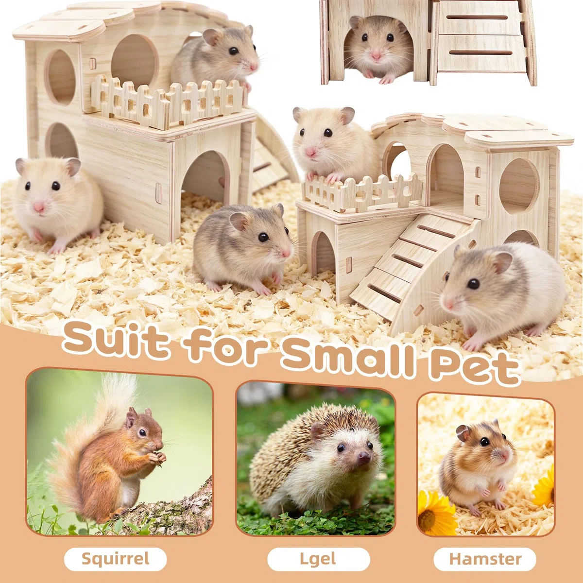 Casetta per Criceti,casetta criceto legno,Casetta in Legno per Criceti a 2 Piani, Rifugio Smontabile per Piccoli Animali Criceti Nano, Gerbil, Porcellini d'India (14 x 13 x 12,5 cm)