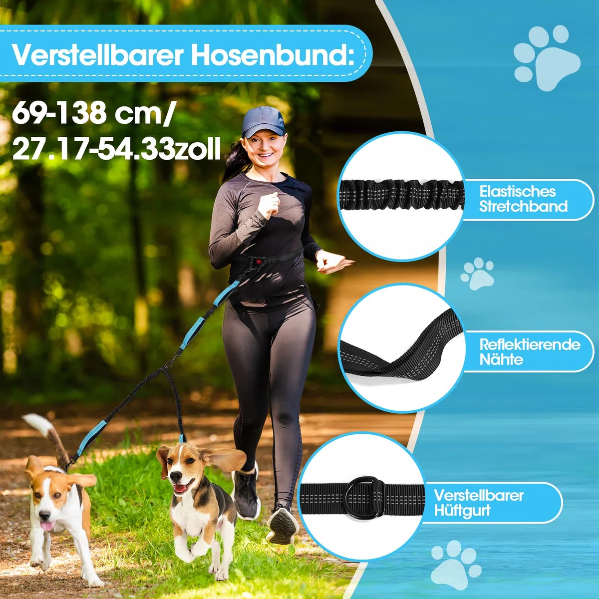 Guinzaglio per 2 cani, vivavoce, da jogging, per cani con cintura addominale, cintura elastica addominale, guinzaglio per cani, con doppio manico, per animali domestici di grandi e medie dimensioni
