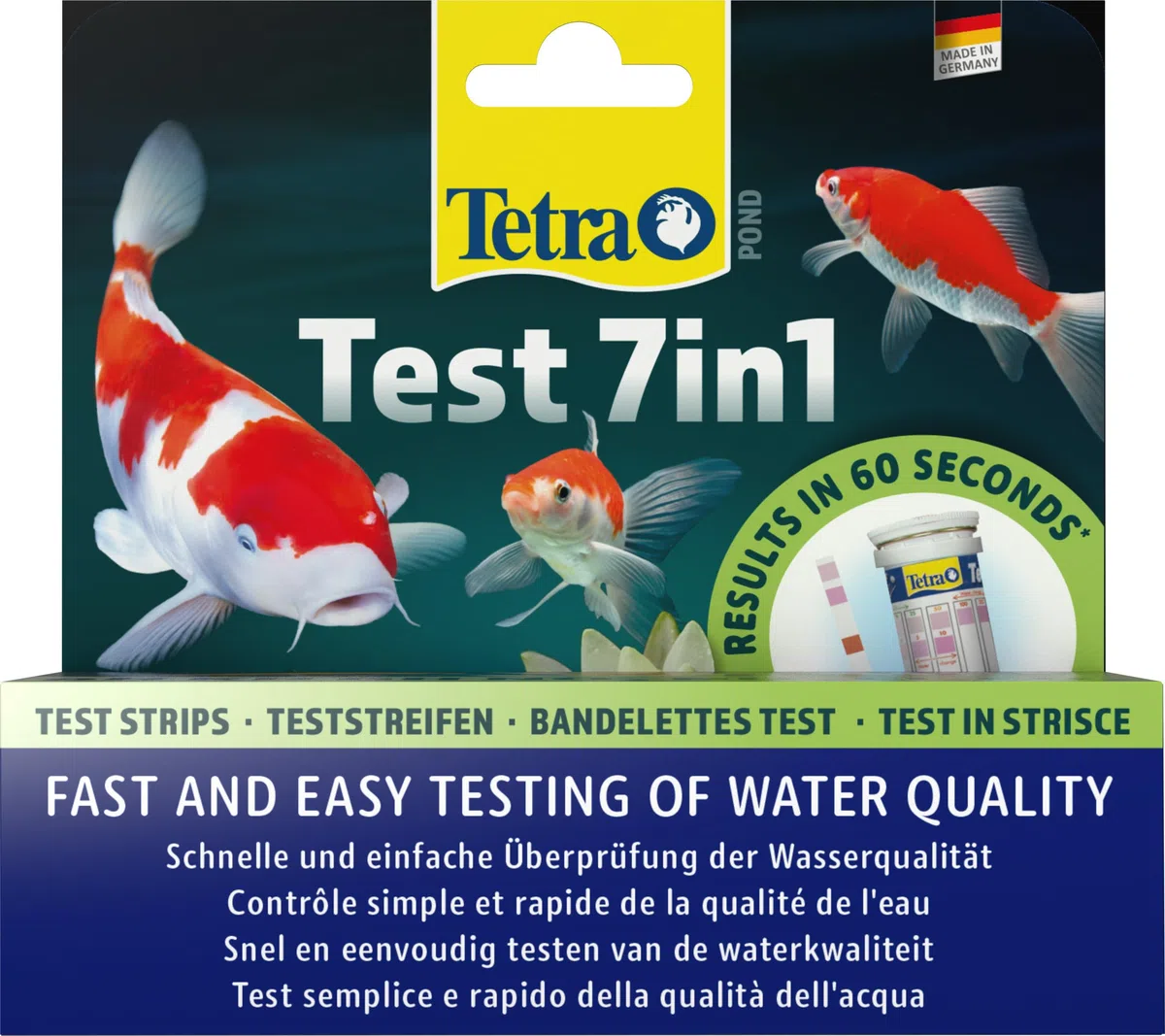 Tetra Pond Test 7in1 - Test dell'acqua per laghetto da giardino, controllo rapido e semplice della qualità dell'acqua nei laghetti da giardino, 1 confezione (25 strisce reattive)