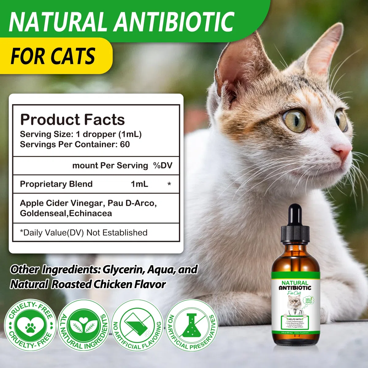 Antibiotici per gatti,Antibiotici per gatti da 60 ml per infezioni,Antibiotici naturali per gatti,Antibiotico per animali domestici per alleviare le allergie,Supporto del sistema immunitario,Forniture