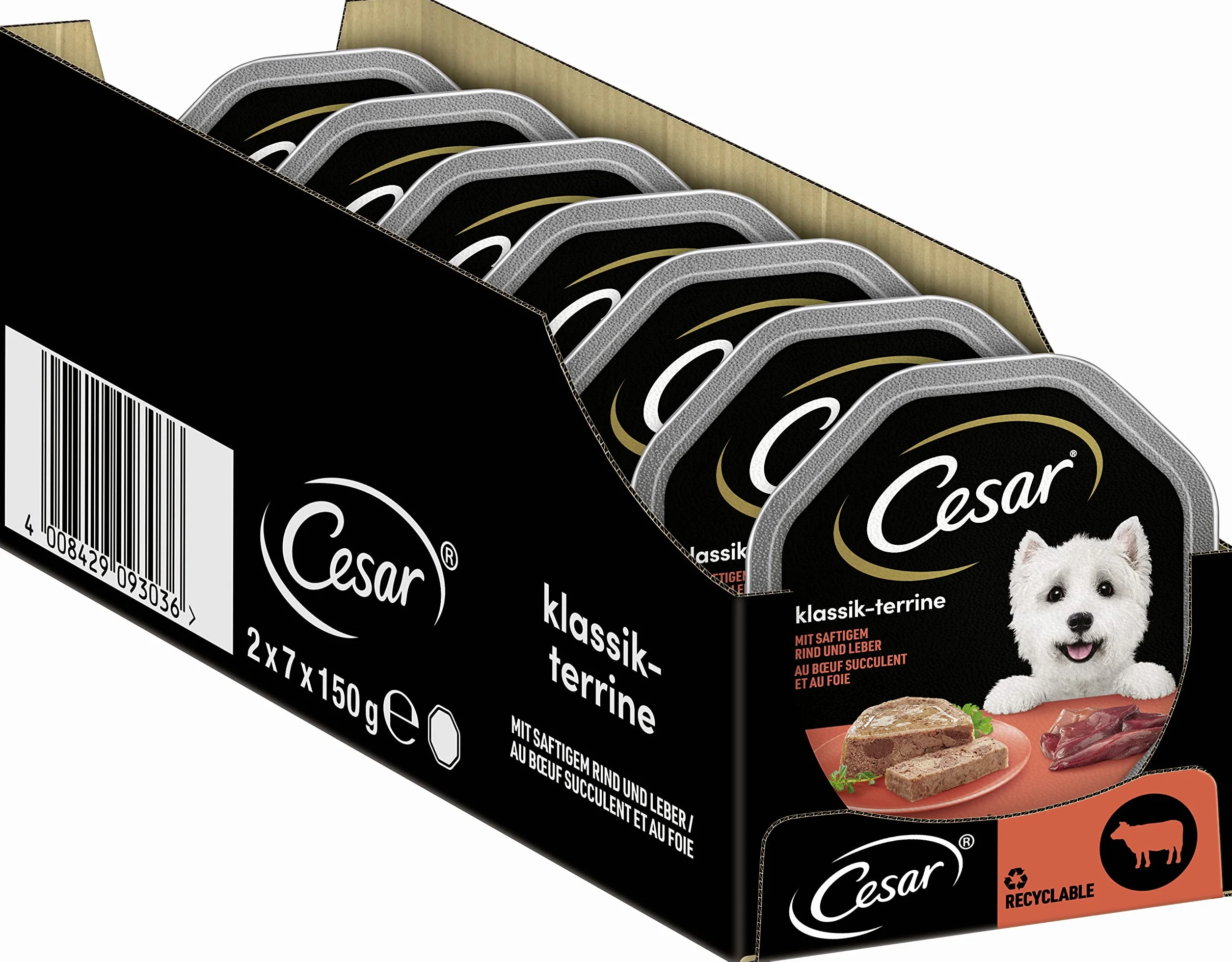 Cesar - Cibo Umido per Cani, Classico con Manzo e fegato, Pacco da 7 (7 x 2 Ciotole x 150 g)