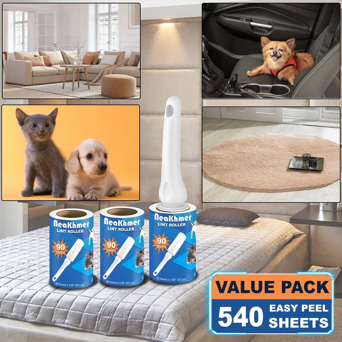 Rullo peli animali, extra appiccicosi 540 fogli, 90 fogli per leva pelucchi, spazzola togli peli animali/rulli di pelucchi/spazzola peli gatto/spazzola peli cane
