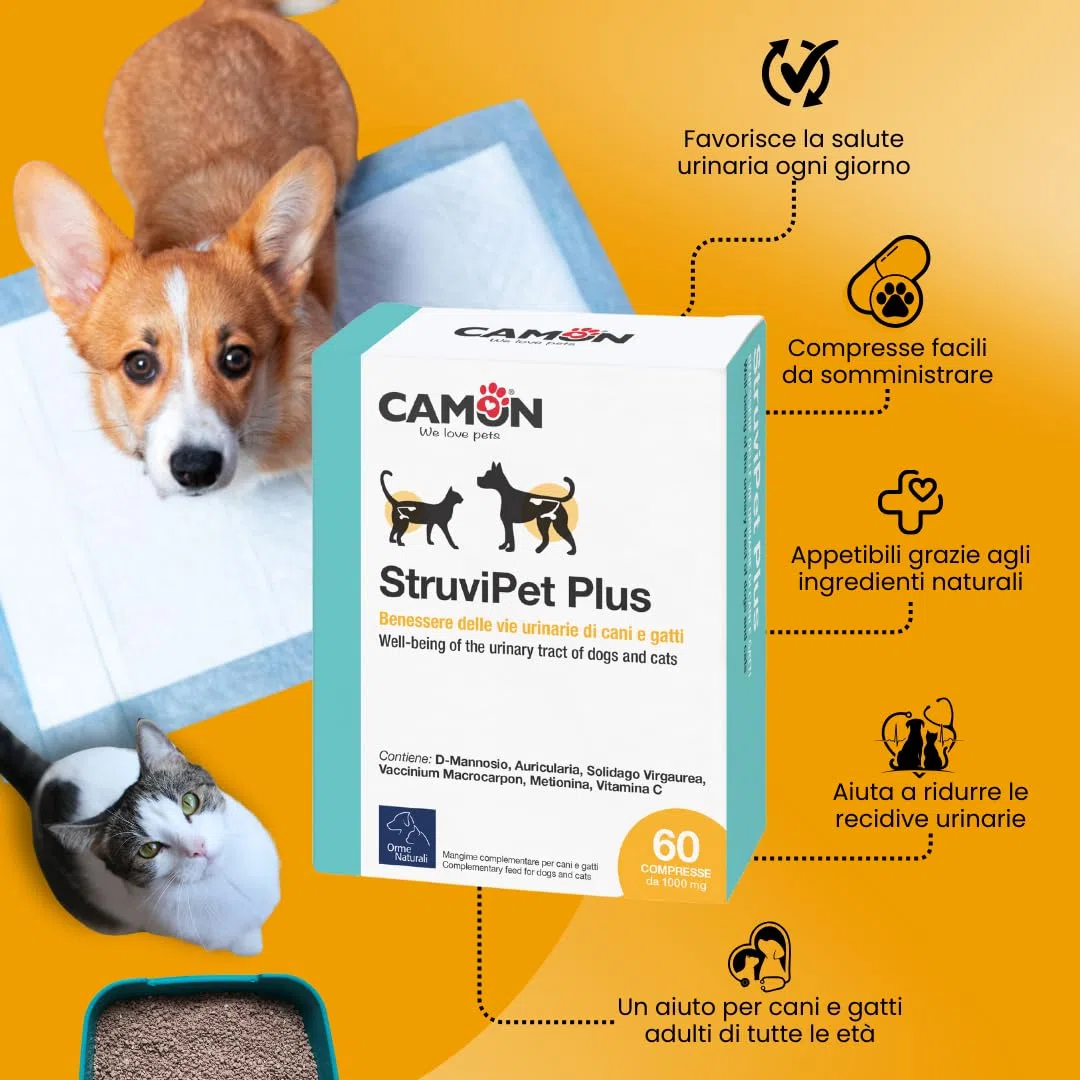 CAMON | StruviPet Plus, Alimento Complementare Dietetico per Cani e Gatti per il Benessere delle Vie Urinarie, 60 Compresse da 1g