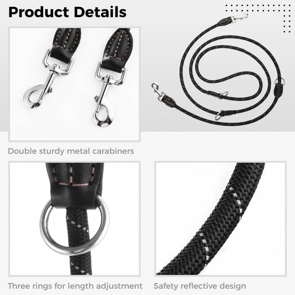 Guinzaglio per cani 5 m x 10 mm, 208 g, regolabile per ogni cane, guinzaglio multifunzione, doppio guinzaglio robusto, nero