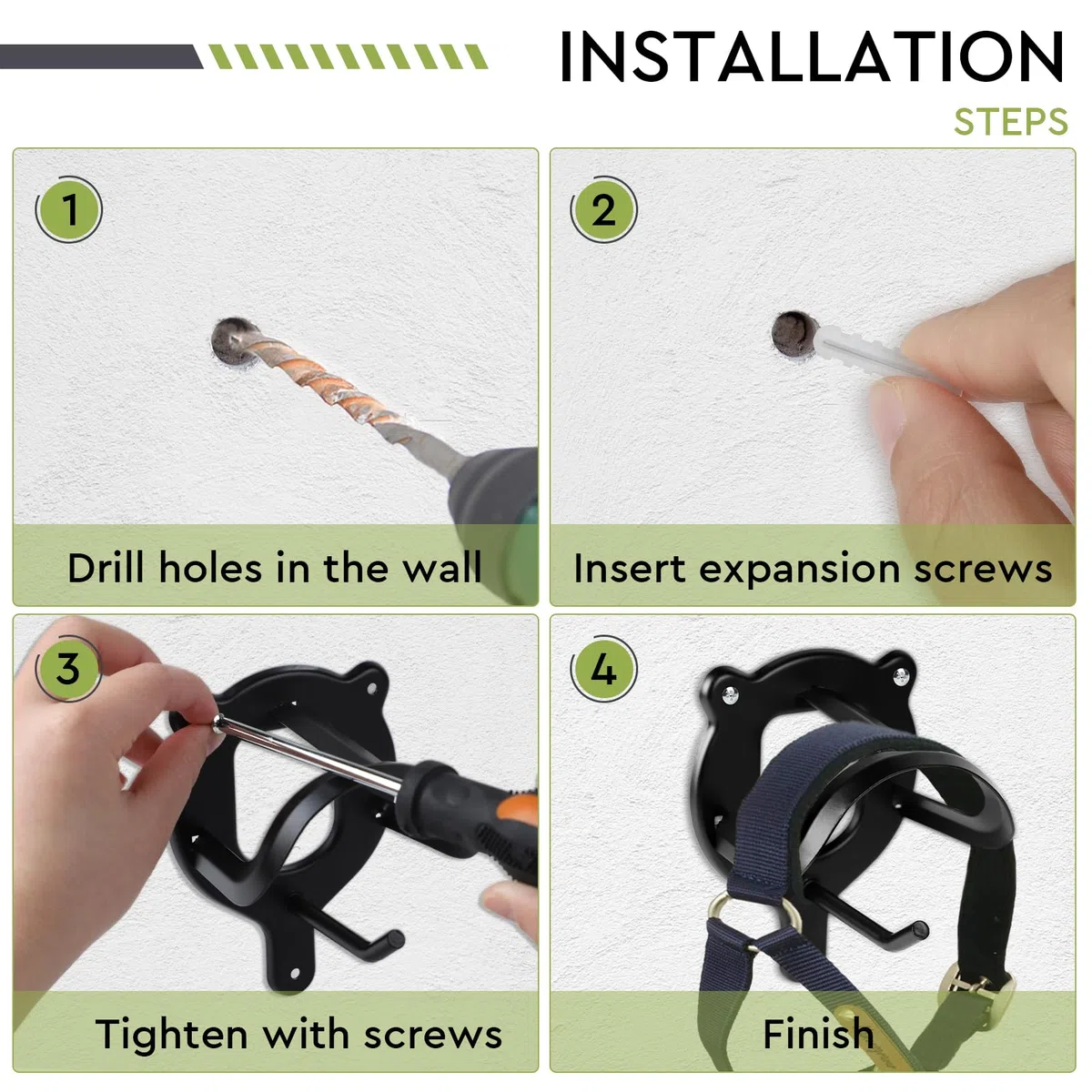 Set di 2 Porta-morso in Metallo Nero, Gancio per Briglia, Porta-finiture con Tubo Espansivo e Viti per Sellaia, Scuderia, Accessori Briglia, Guide e Cordame