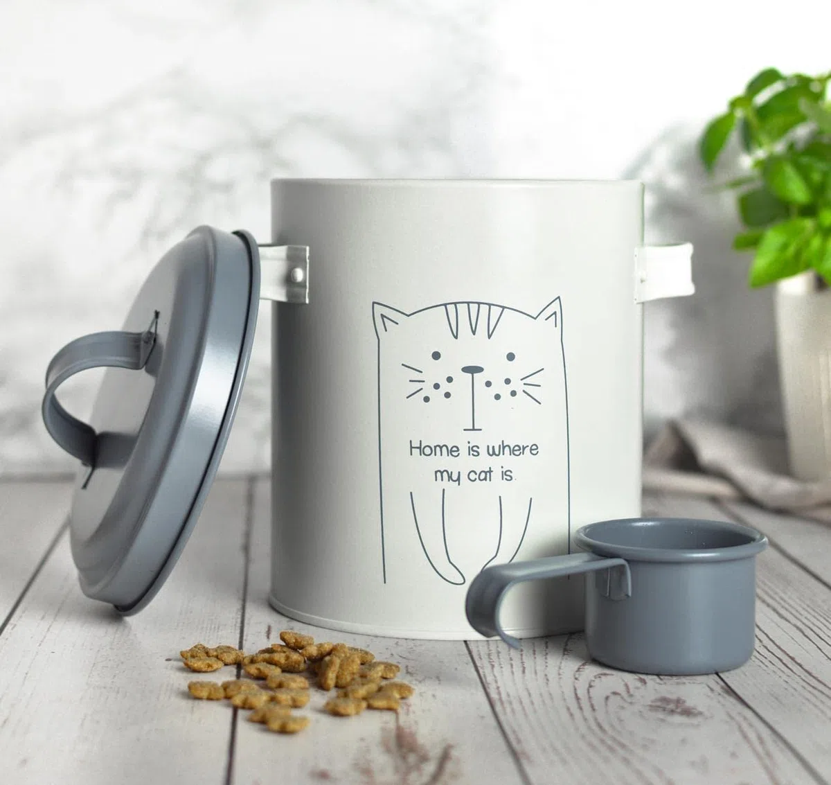 Sendez Contenitore per cibo secco con coperchio e cucchiaio, contenitore metallico per cibo per animali, contenitore per scorte, scatola per cibo per gatti, conservazione cibo per gatti