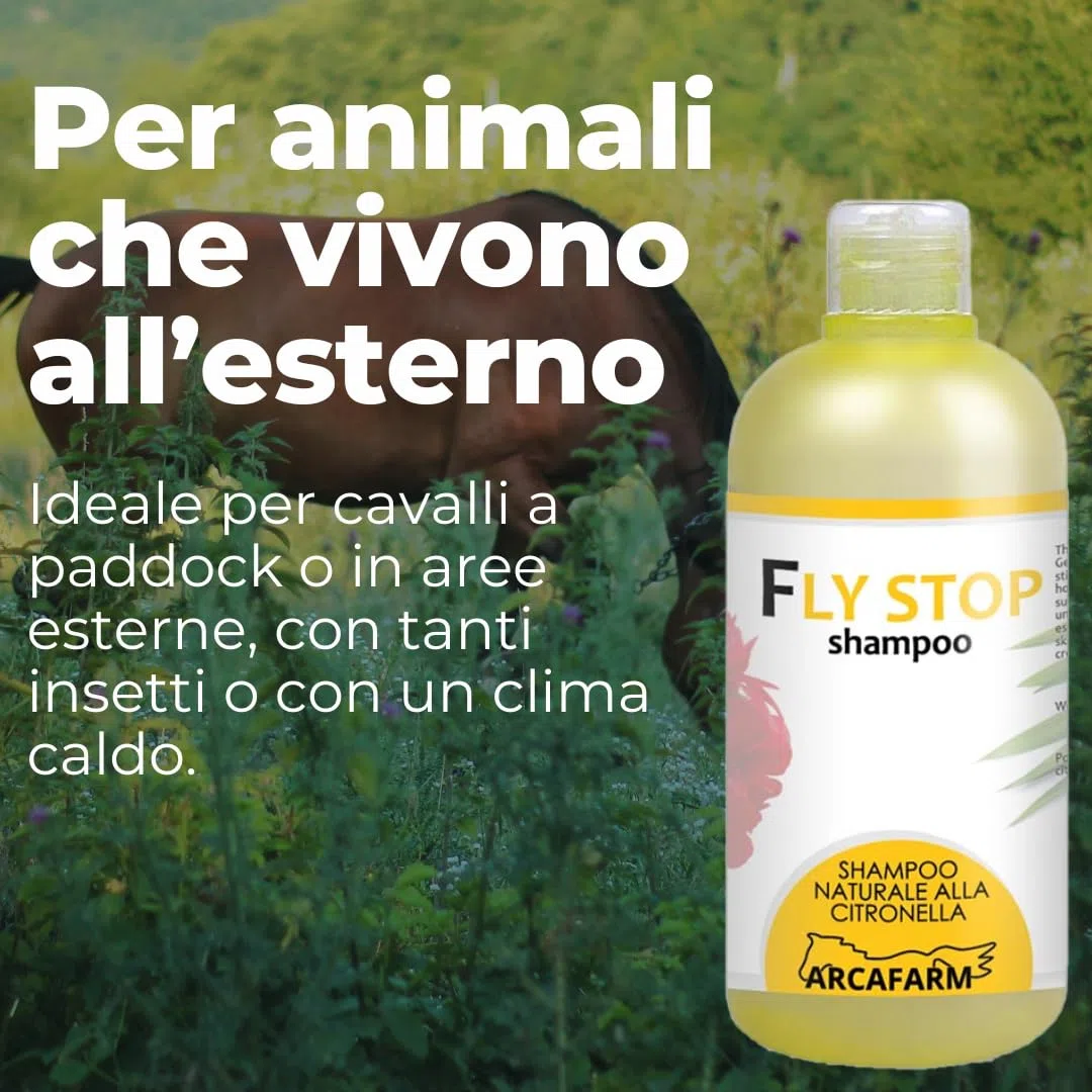 Shampoo alla Citronella per Cavalli 500 ml Fly Stop, prodotto Repellente naturale contro Insetti Mosche Zanzare Tafani, shampo per la Pulizia di Sporco ostinato di manto coda criniera - Made in Italy