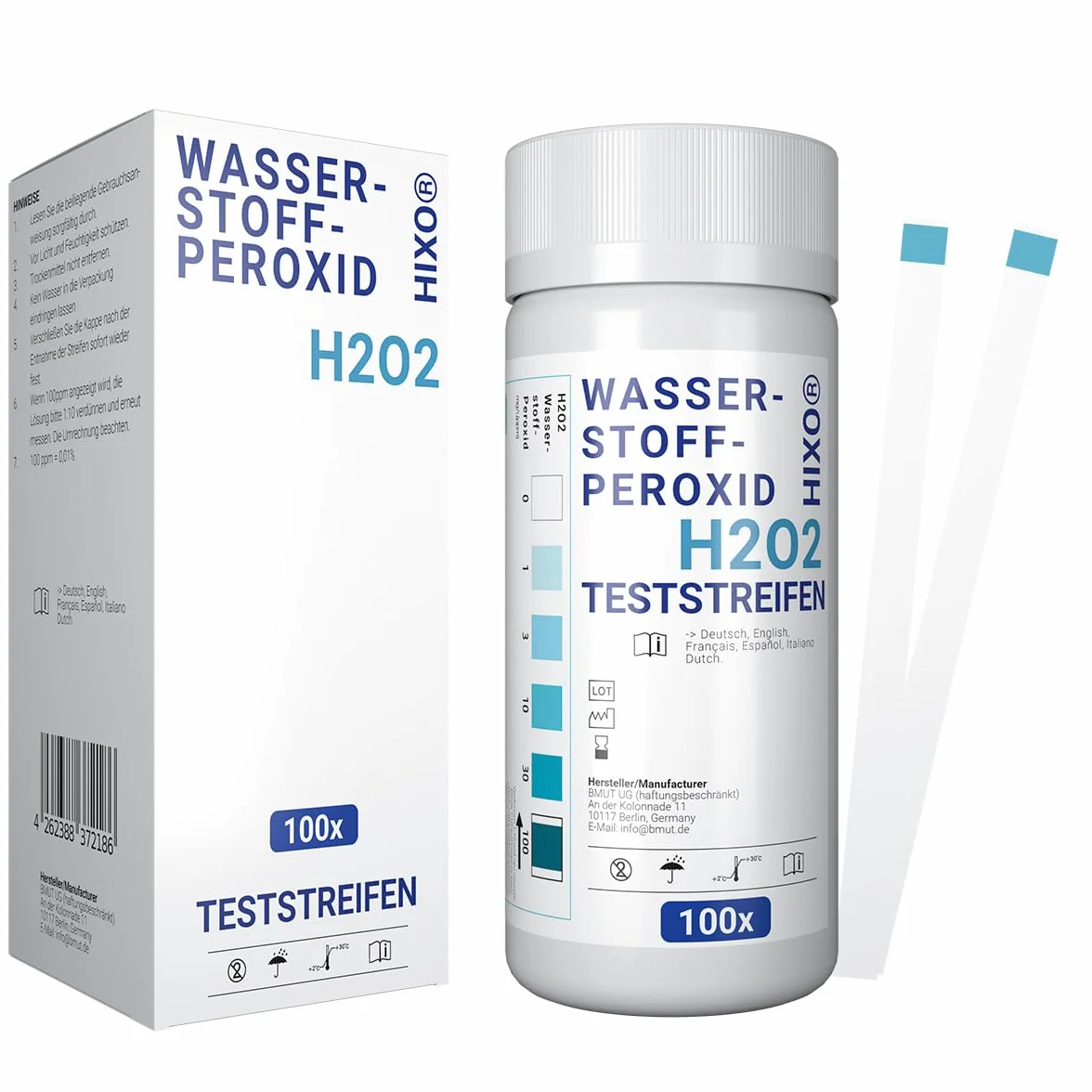 100x H2O2 Strisce test – Test per perossido di idrogeno in acqua per 0–100 ppm – Misurazione della concentrazione – Applicazione rapida e semplice – Incl. scala colori