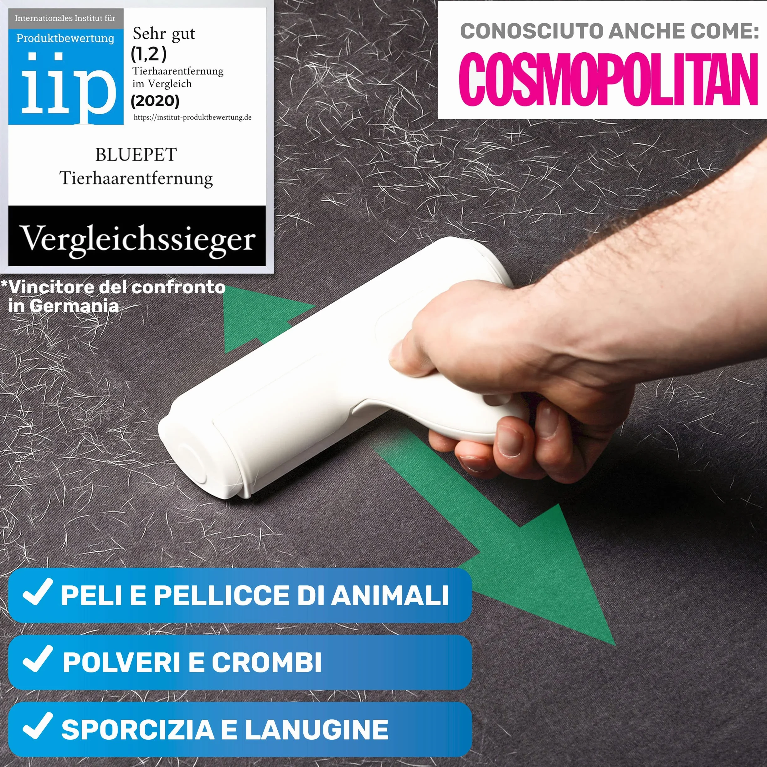 BluePet Rulli per rimozione peli - Togli Peli Animali - Spazzola Ecologica per Peli di Cani, Gatti e Pelucchi - Per Divani, Tappeti, Cucce per Cani (Bianco + rotolo adesivo)