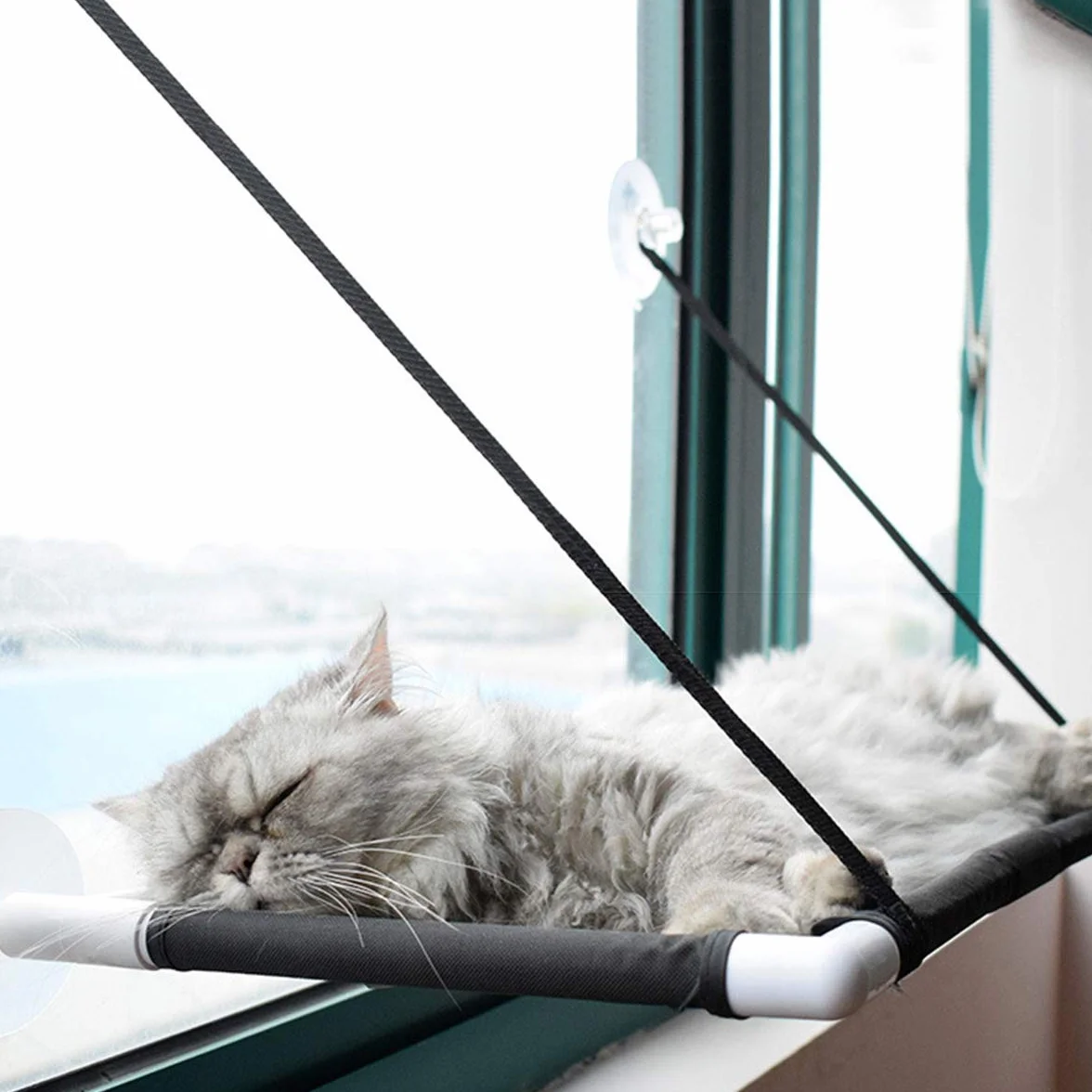 Ventosa Cat Hammock, Amaca da Finestra per Gatti, 4 Grandi Ventose, può Contenere Fino a 22lb, 60 * 35CM,Nero