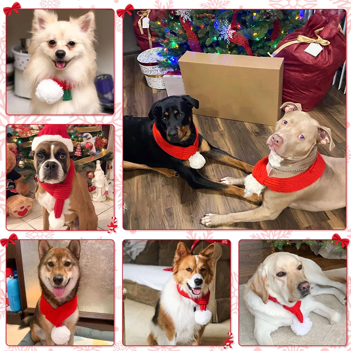 Naler Sciarpa Natalizia per Animali Domestici Sciarpa Rossa a Maglia per Animali Domestici con Pom Pom Bianco, Regalo Natale per Cani e Gatti Feste E Cosplay 60 * 8.5 cm, L