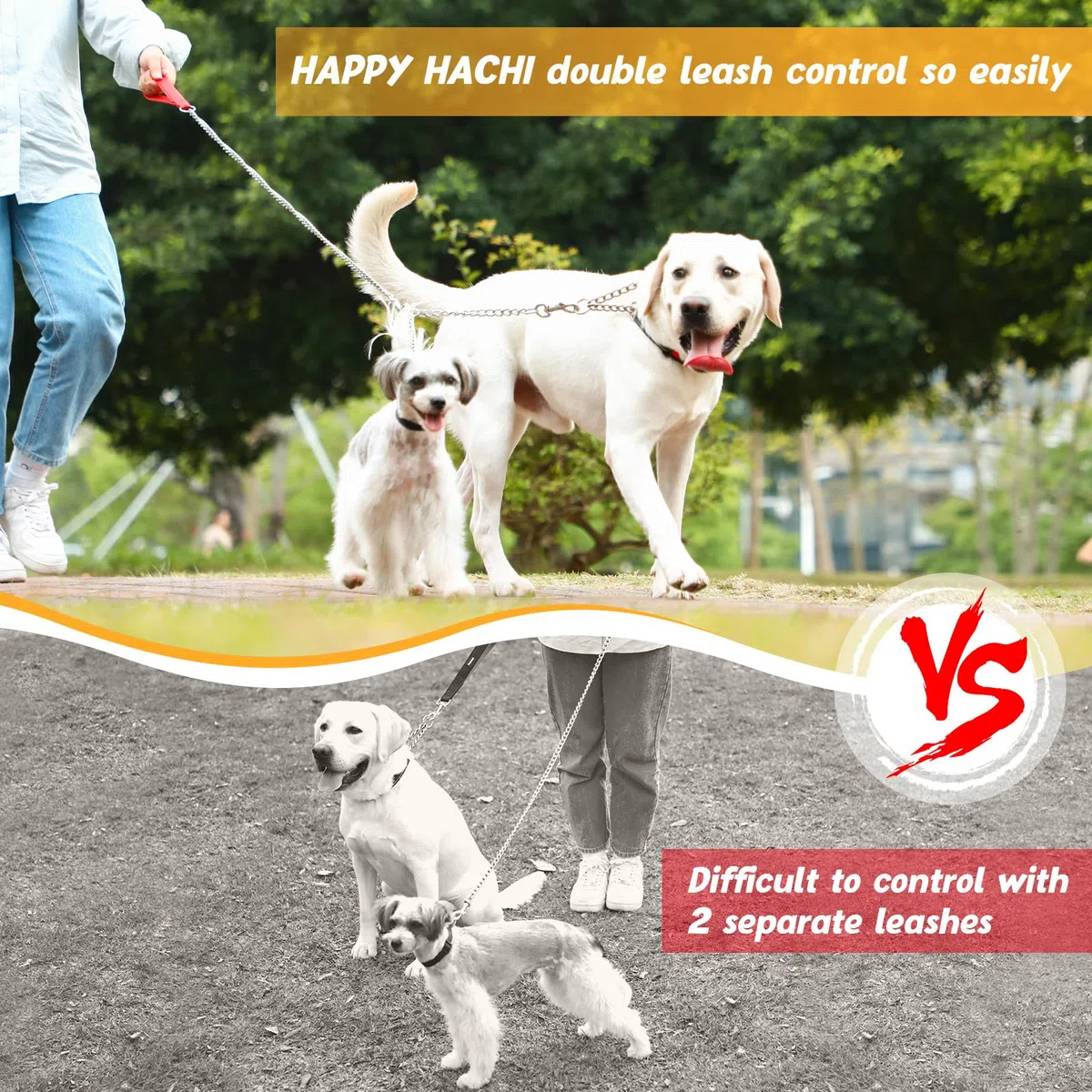 HAPPY HACHI Guinzaglio Doppio per 2 Cani Resistente Acciaio Catena Nessun Groviglio per Due Cane Grandi Medio Passeggiata Formazione(M 3.5mm*60cm)