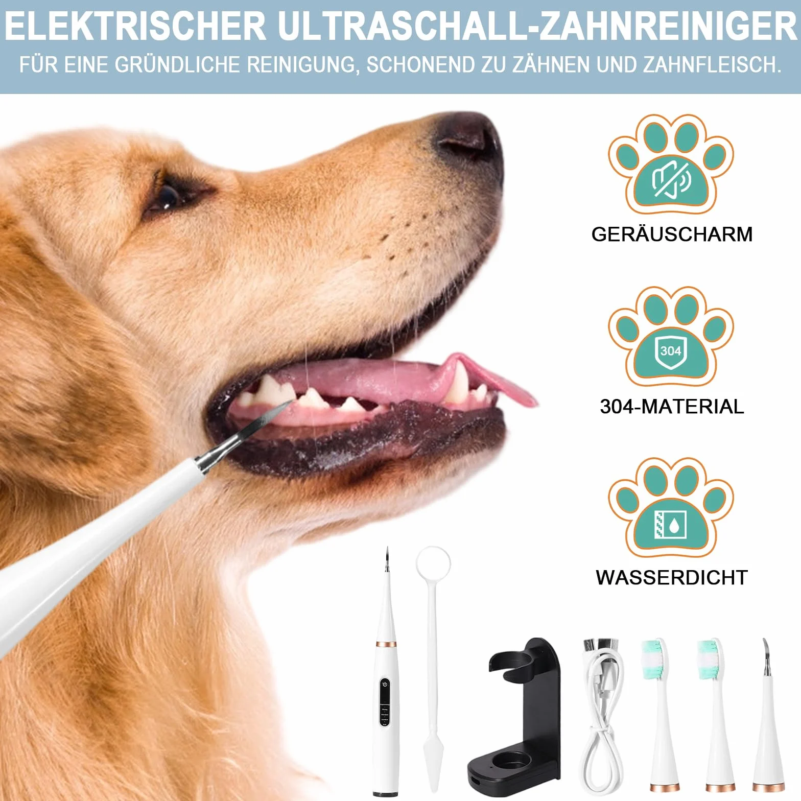 Rimozione Tartaro per Cani e Gatti con Spazzolino Ultrasuoni Professionale, Pulitore Dentale a 5 Modalità e Testine W, Impermeabile IPX6, Ricarica USB-C, Autonomia 1 Mese