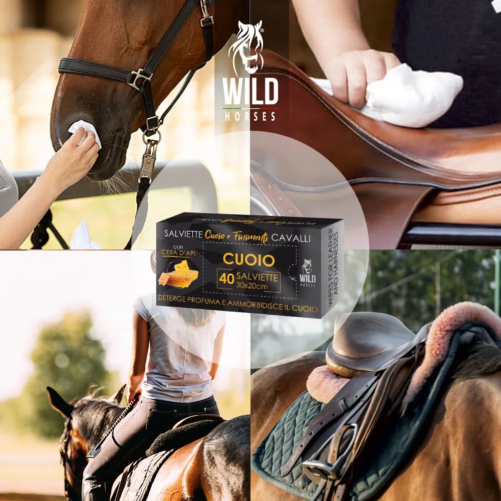 Wild Horses | Salviette Cuoio & Finimenti con Cera d'Api e Glicerina, Salviette Pronte all'Uso Imbevute con Cera d’Api, Lucida, Ravviva e Profuma il Cuoio, 40 Pz