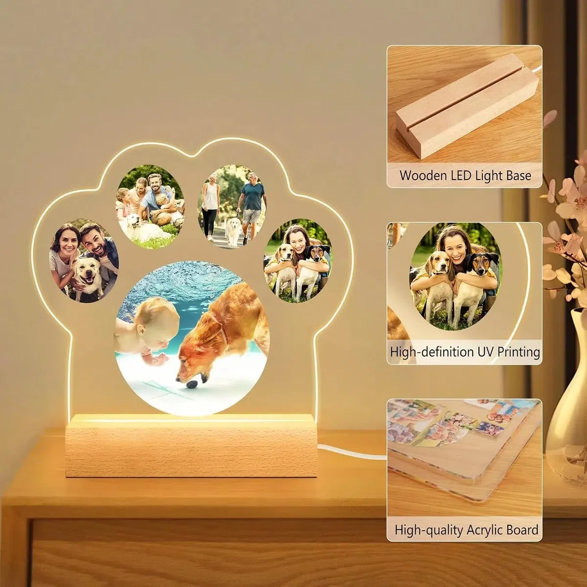 Luce notturna commemorativa per animali domestici, cornice a LED personalizzata con nome, data, supporto in legno acrilico per perdita di cani, gatti, decorazione per la casa (design B)