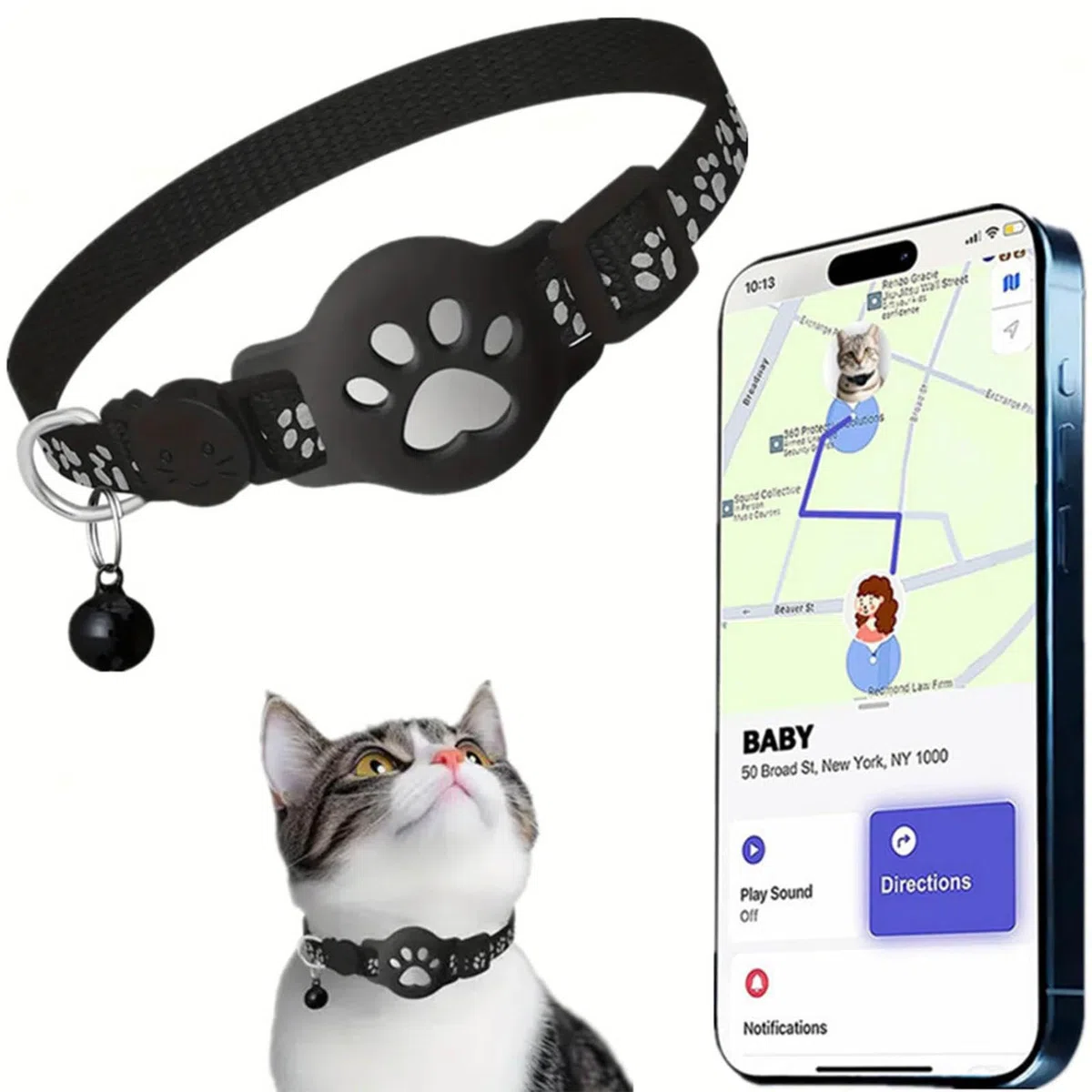 Collare Gps gatto per Gatti Senza SIM Senza Abbonamento, Localizzatore GPS per Gatto Funziona con goo- gle Find My (solo Android) IP67, Batteria 360+ Giorni (Nero)