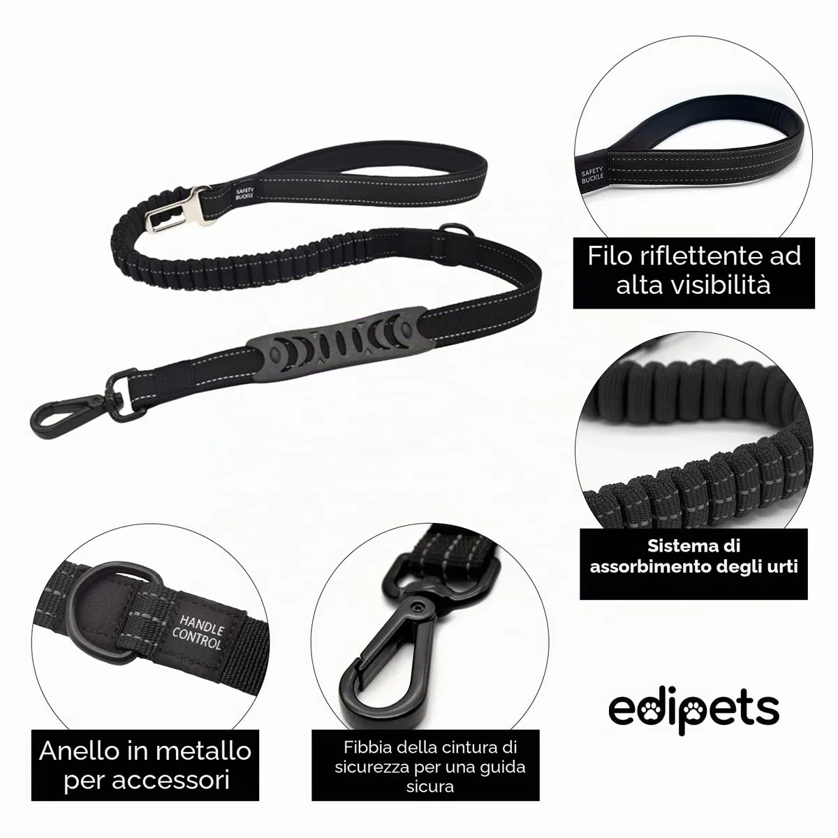 Edipets, Cintura Sicurezza Cani Auto, Guinzaglio Anti Tiro per Cane, 1M / 1.4M, Riflettente, Maniglia Imbottita, per Cani di Taglia piccola/media/grande (Nero)