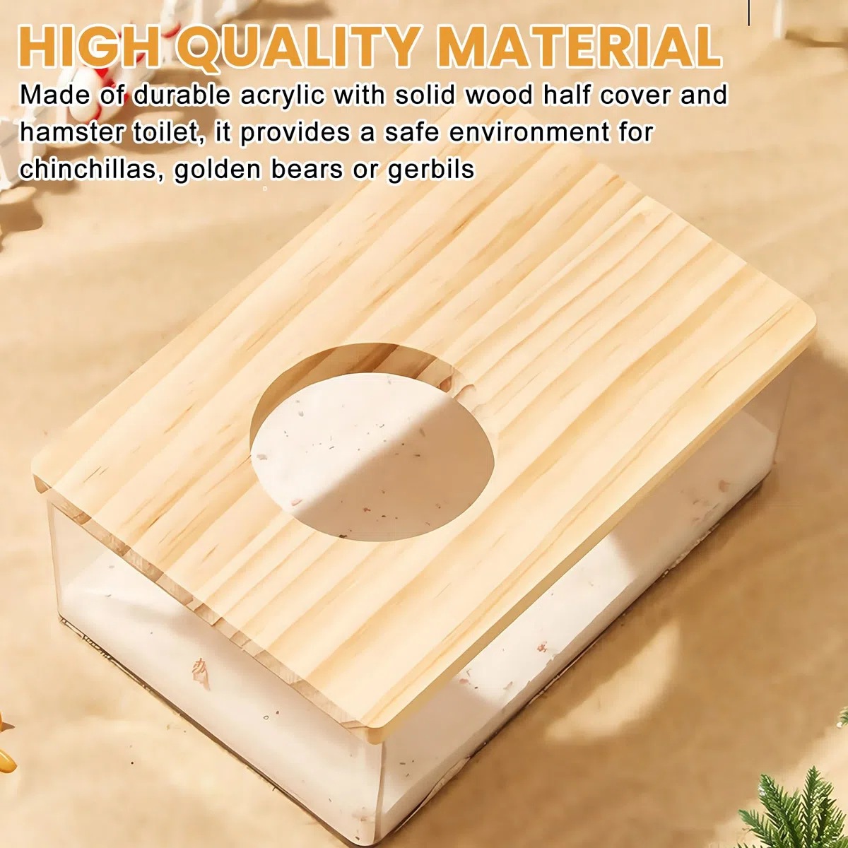 Bagno di Sabbia per Criceti con Copertura in Legno Massiccio, Doccia per Cincillà, Orsi Dorati, Gerbil (21 x 15,5 x 10 cm)