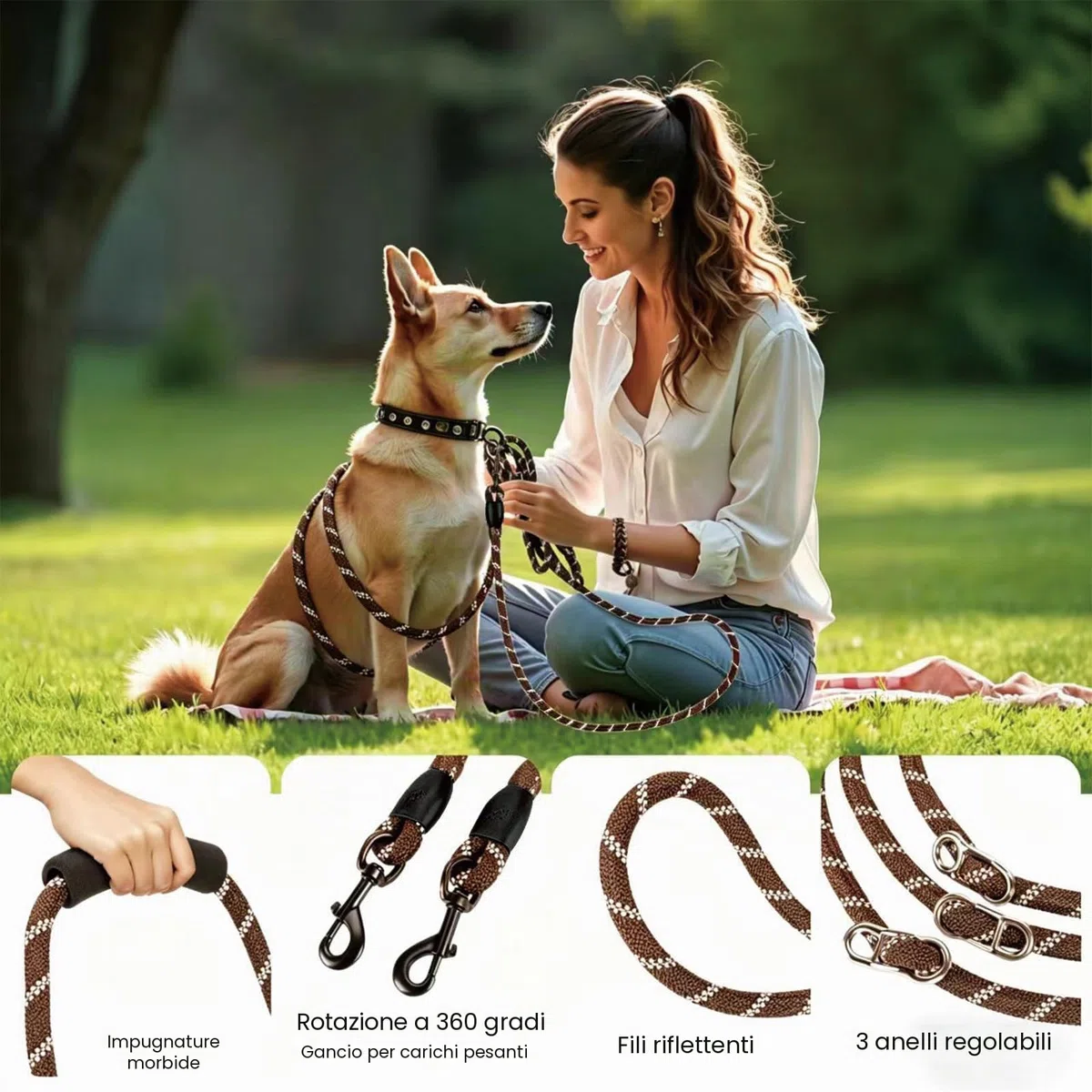Guinzaglio per cani di taglia grande e media – Ricihene doppio guinzaglio regolabile in nylon con 2 moschettoni e 3 anelli – 3 m x 15 mm – marrone