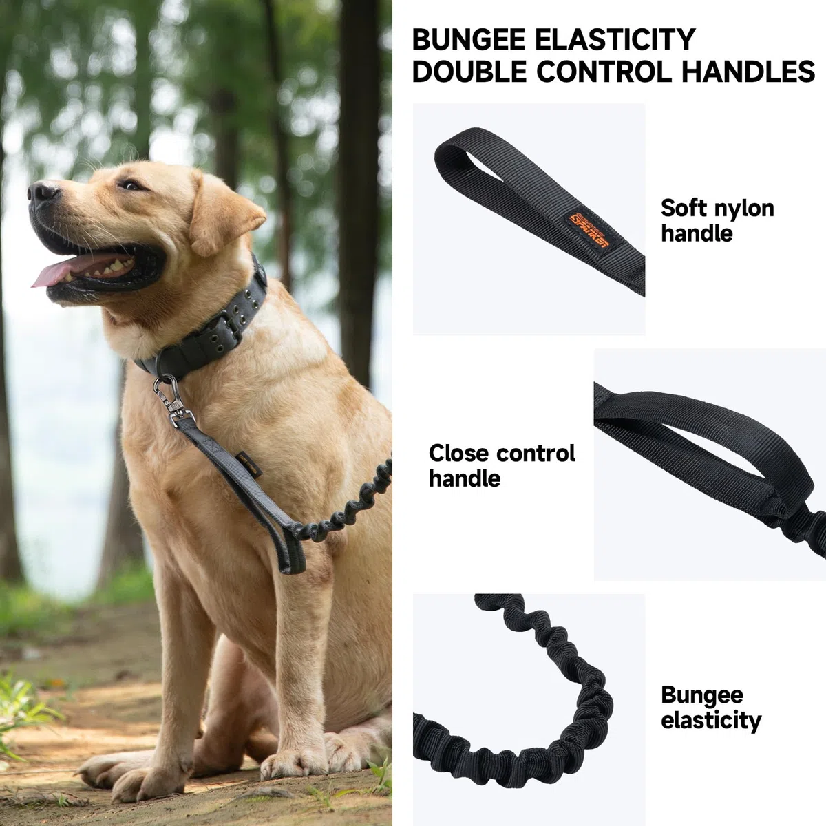 EXCELLENT ELITE SPANKER Guinzaglio militare elastico per cani con 2 maniglie imbottite per cani di taglia media e piccola(BLK)
