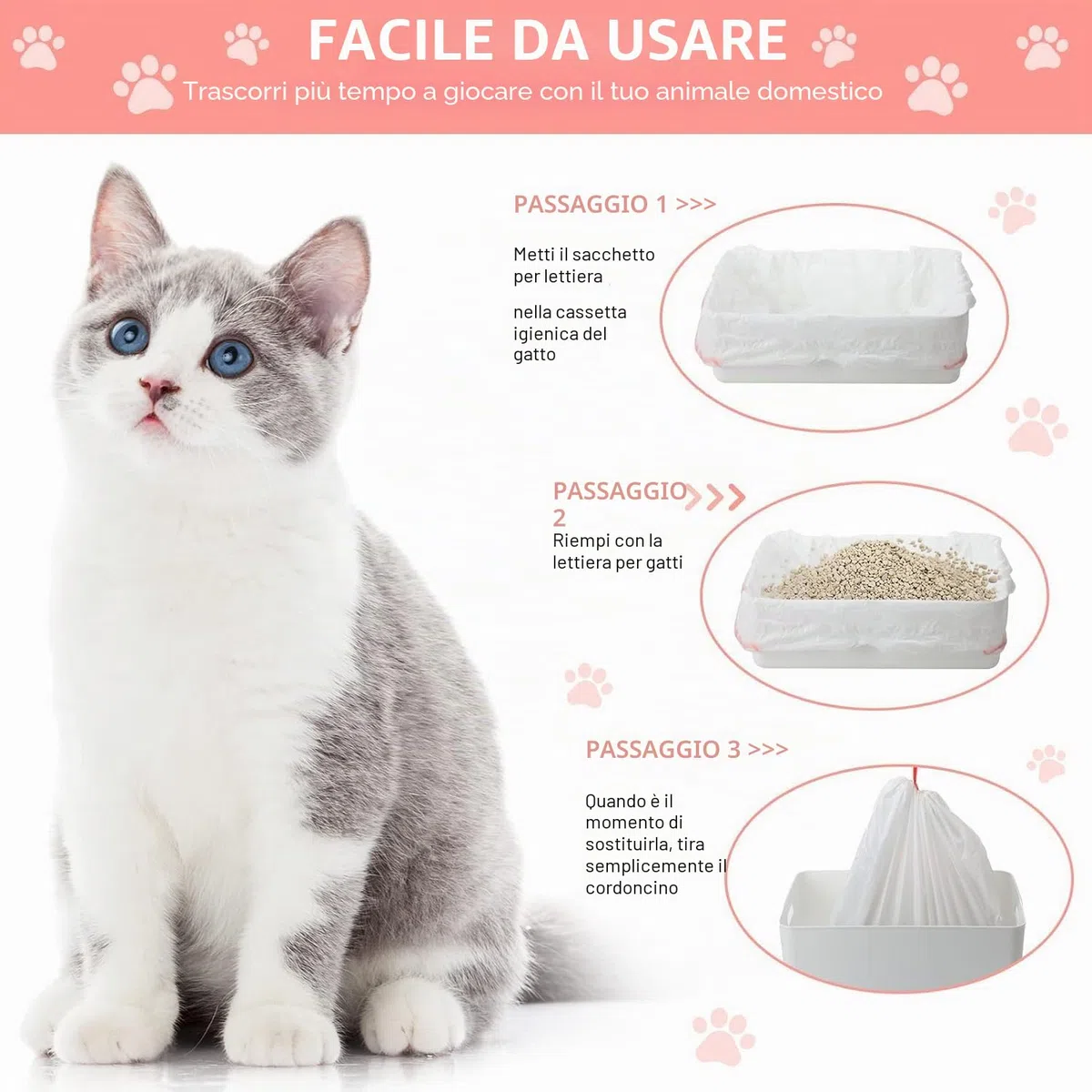 30 pz Sacchetti Lettiera Gatto XXL (115x45cm) con Cordoncino - Extra Resistenti, Antigraffio, Adatti a Lettiere Chiuse/Aperte - LDPE 10kg