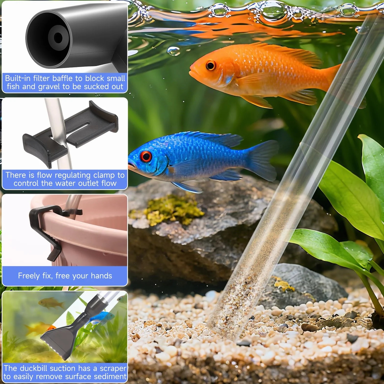 Aspiraghiaia Regolabile per Acquari, Sifone per Acquari, Cambia Acqua Manuale, Kit di Pulizia per Acquari, per Aspirare Letame, Lavare la Sabbia
