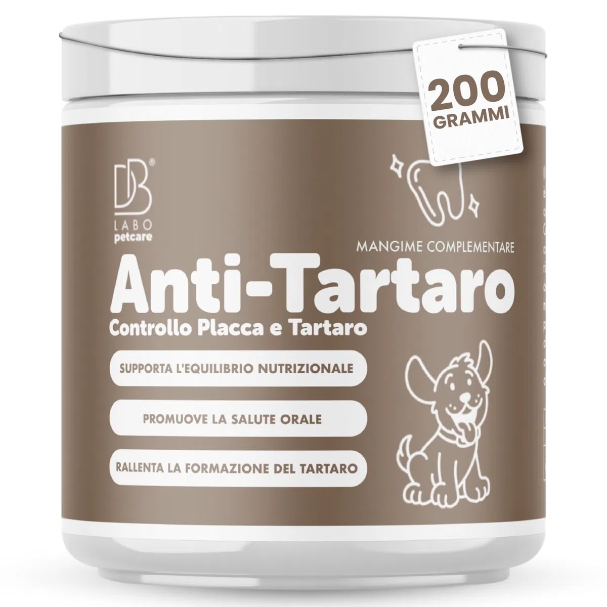 DBLabo Antitartaro per Cani 200g, Polvere Denti Cane con Alga Ascophyllum, Propoli e Menta, Controllo Placca, Sciogli Tartaro Cane in Polvere, Integratore Denti e Gengive con Alito Fresco