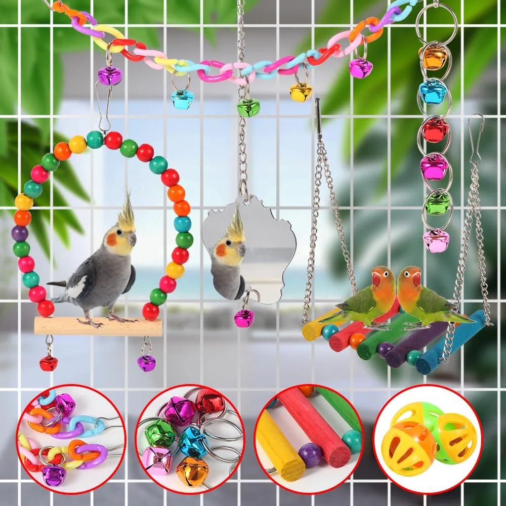 YIXUND Giocattoli per uccelli per parrocchetti, 9 pezzi, scaletta in legno per uccelli, ponte, pappagalli, giocattoli per pappagalli, accessori per gabbie per uccelli, altalena per conuro, cacatugia