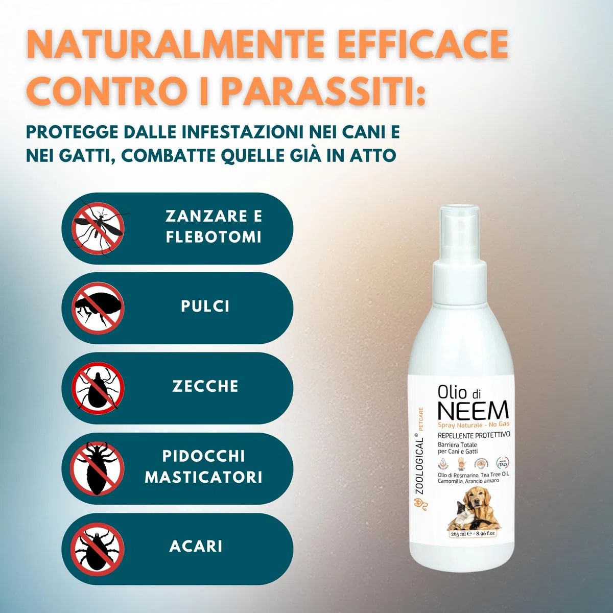 Olio di Neem per Cani e Gatti Spray 265ML - Protettivo Naturale, Antiparassitario, Repellente contro Parassiti, Zecche, Pulci, Zanzare e altri Insetti - Made in Italy