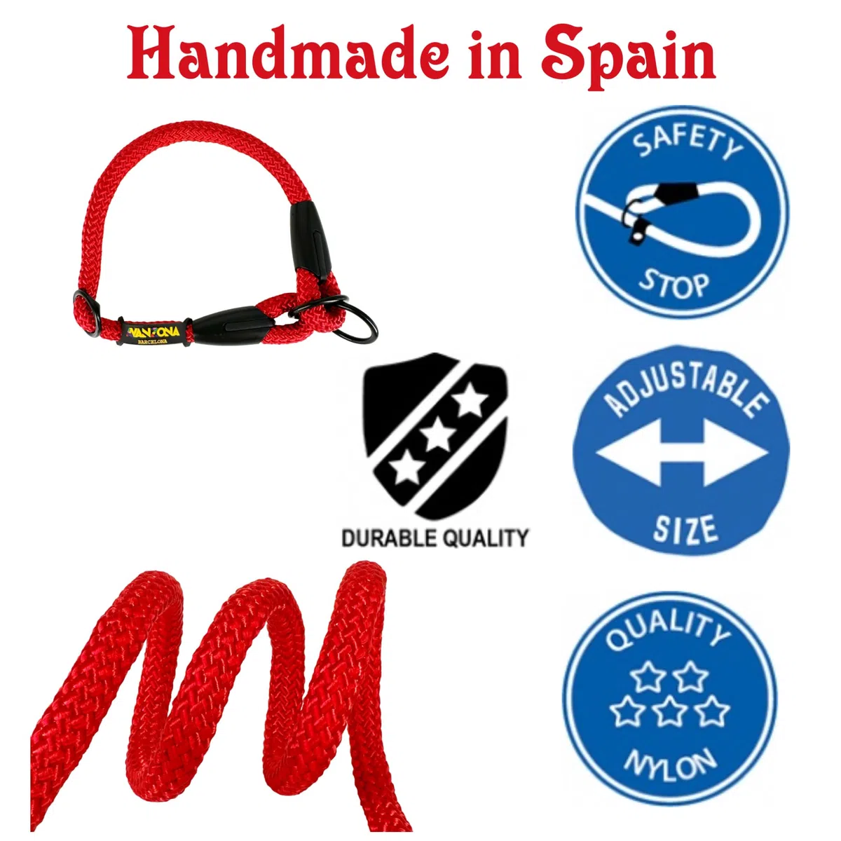 Collare da Addestramento per Cani, Antitrazione, Regolabile, in Corda di Poliestere di Alta Qualità, per Cani Piccoli, Medi e Grandi, Prodotto in Spagna. Rosso. XS (≤50CM).
