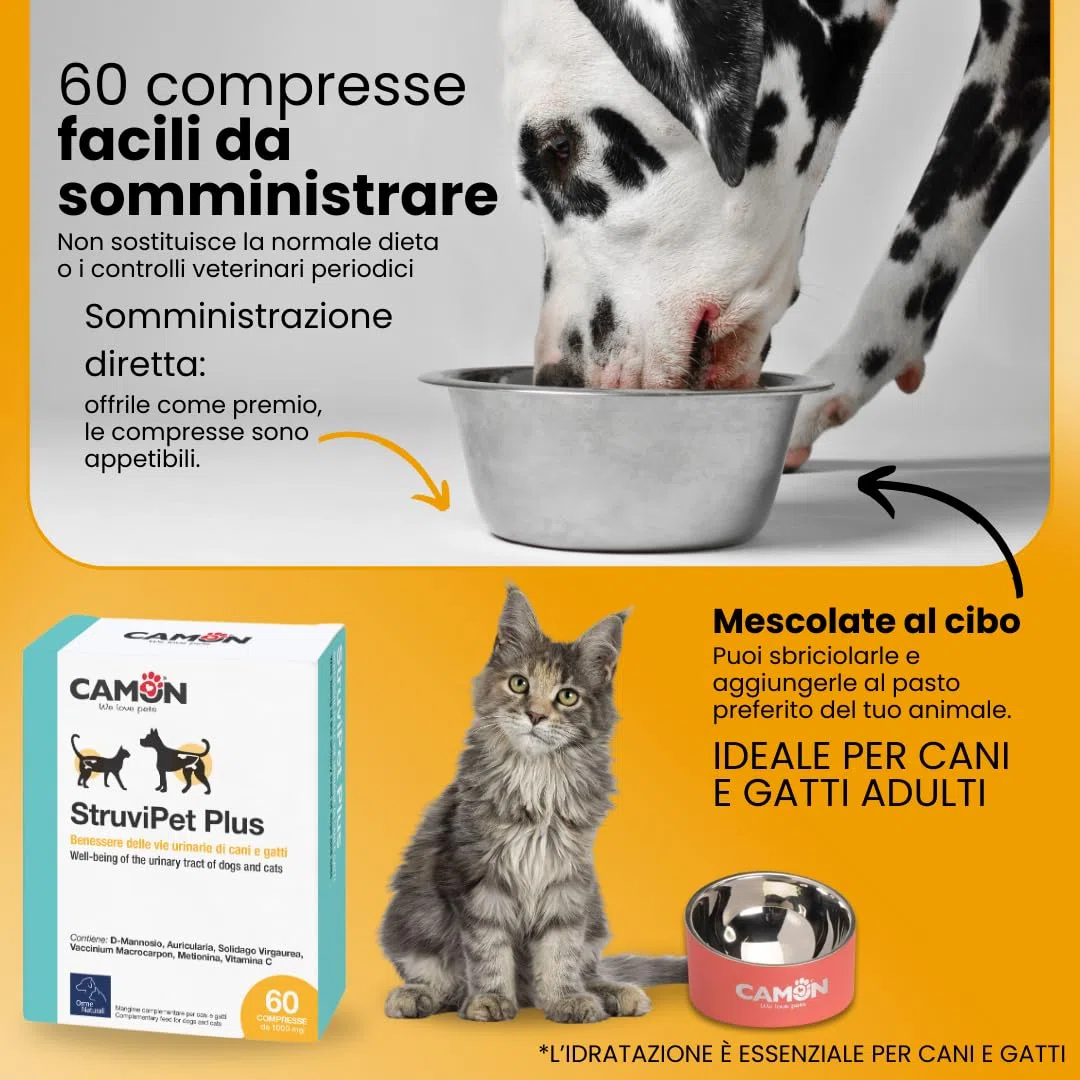 CAMON | StruviPet Plus, Alimento Complementare Dietetico per Cani e Gatti per il Benessere delle Vie Urinarie, 60 Compresse da 1g